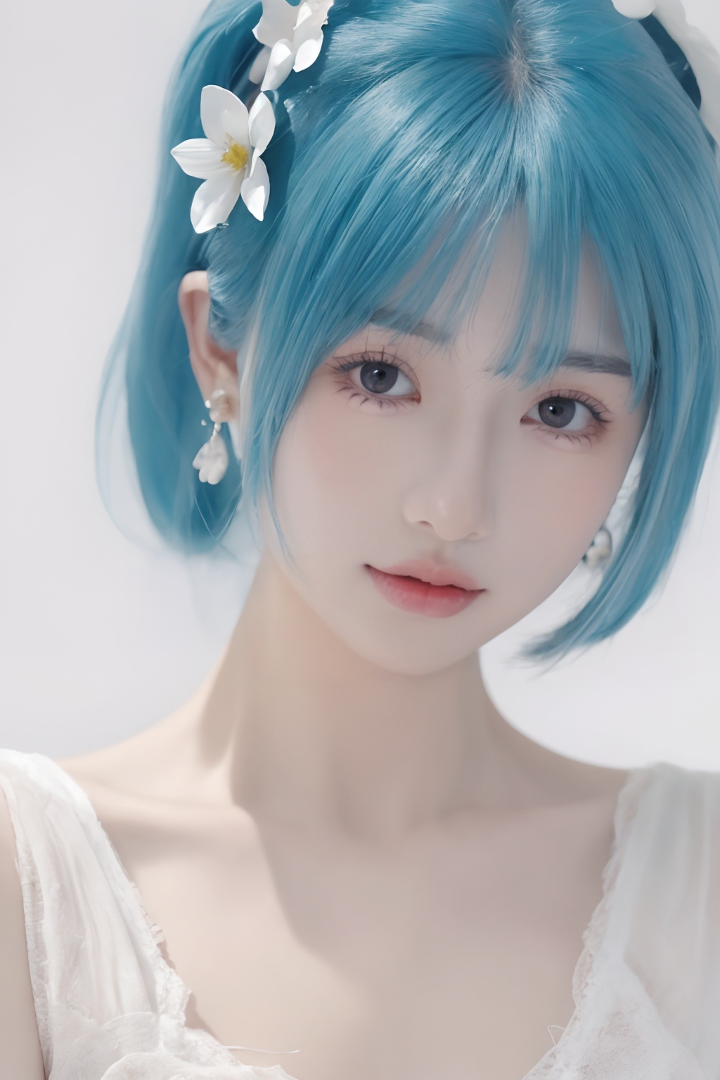 1girl, flower, hair_flower, hair_ornament, earrings, solo, jewelry, hatsune_miku, white_flower, closed_mouth, looking_at_viewer<lora:sifang_20231118123505:0.7>, 