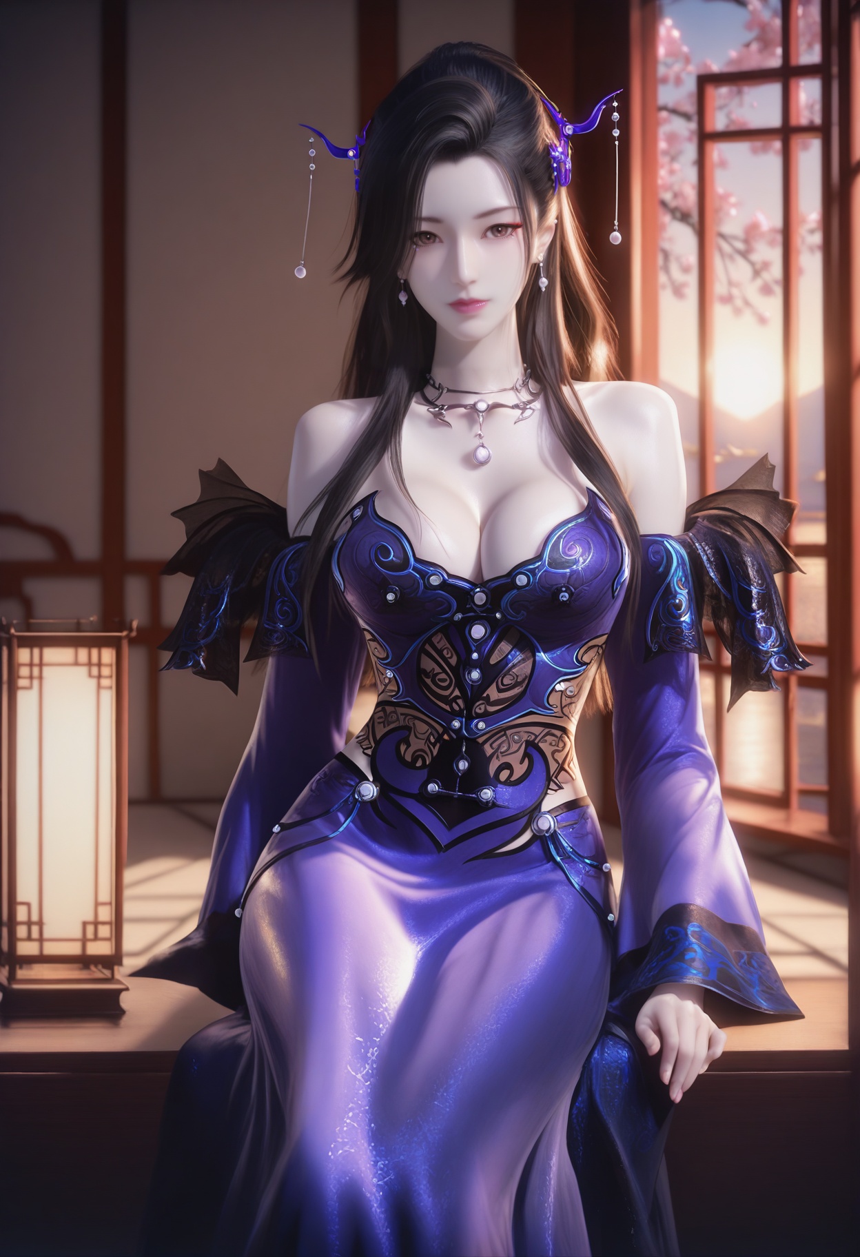 Chao_nvyao,1girl,black hair,hair ornament,jewelry,long hair,earrings,bare shoulders,cleavage,necklace,makeup,brown eyes,<lora:Chao_nvyao_5_illu-000016:0.75>,dress,purple dress,blue dress,detached sleeves,wide sleeves,photorealistic,hyperrealistic,<lora:realistic filter [IL]:1>,(pale skin0.5),sitting,lantern,open window,looking at viewer,indoors,mountains,blossoms,flowers,east asian architecture,beautiful sunrise,warm ambient temperature,