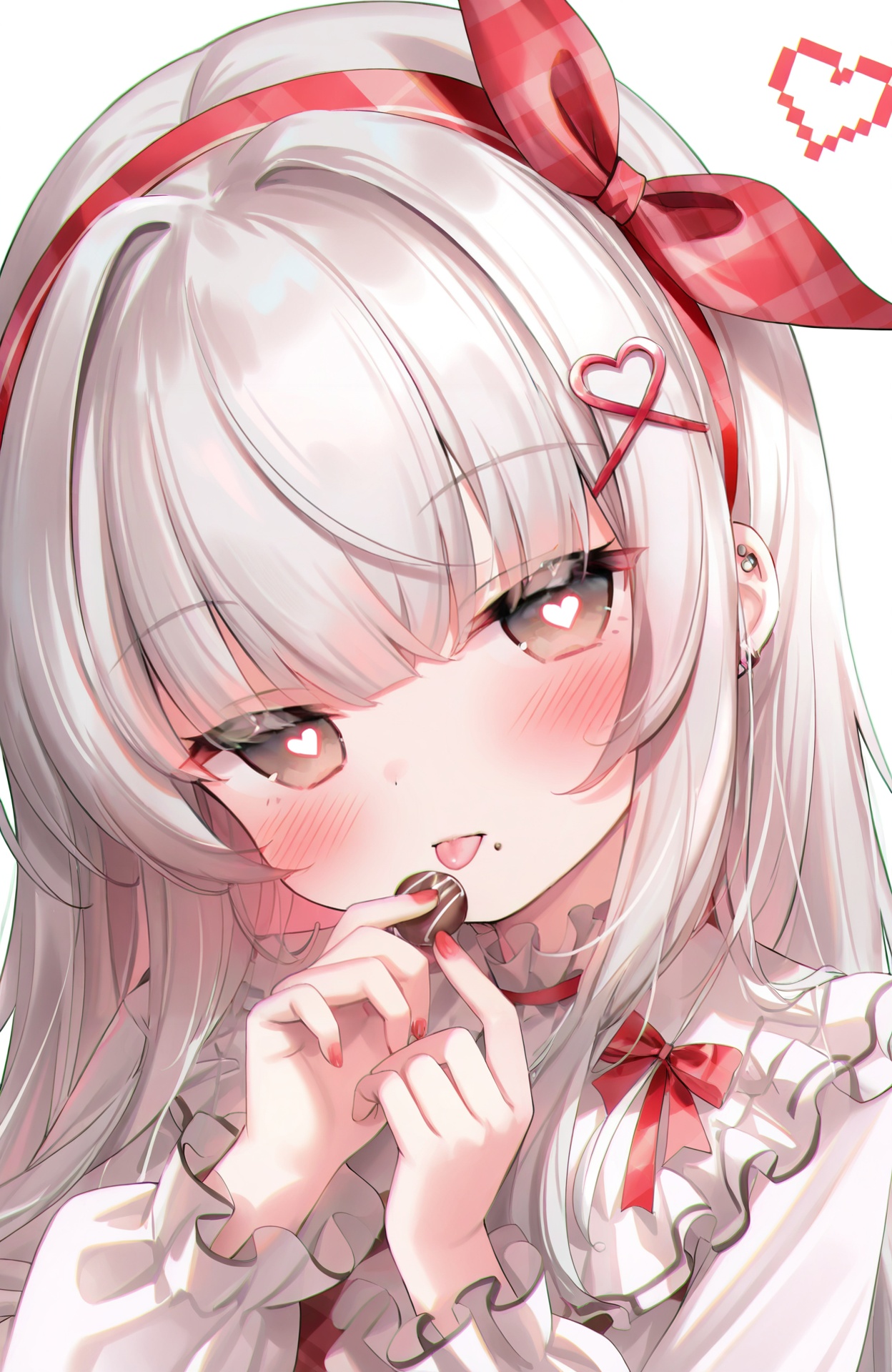 masterpiece,absurdres,best quality,petite,high quality,chromatic_aberration,//,1girl, solo, long hair, looking at viewer, blush, bangs, hair ornament, long sleeves, bow, ribbon, holding, brown eyes, jewelry, closed mouth, upper body, hair bow, grey hair, heart, hairband, food, tongue, tongue out, nail polish, red bow, red ribbon, head tilt, symbol-shaped pupils, hands up, eating, piercing, holding food, x hair ornament, ear piercing, candy, red nails, chocolate, valentine, heart hair ornament, red hairband, food on face<lora:鬼针草2——【CKXL】hans:0.9>,