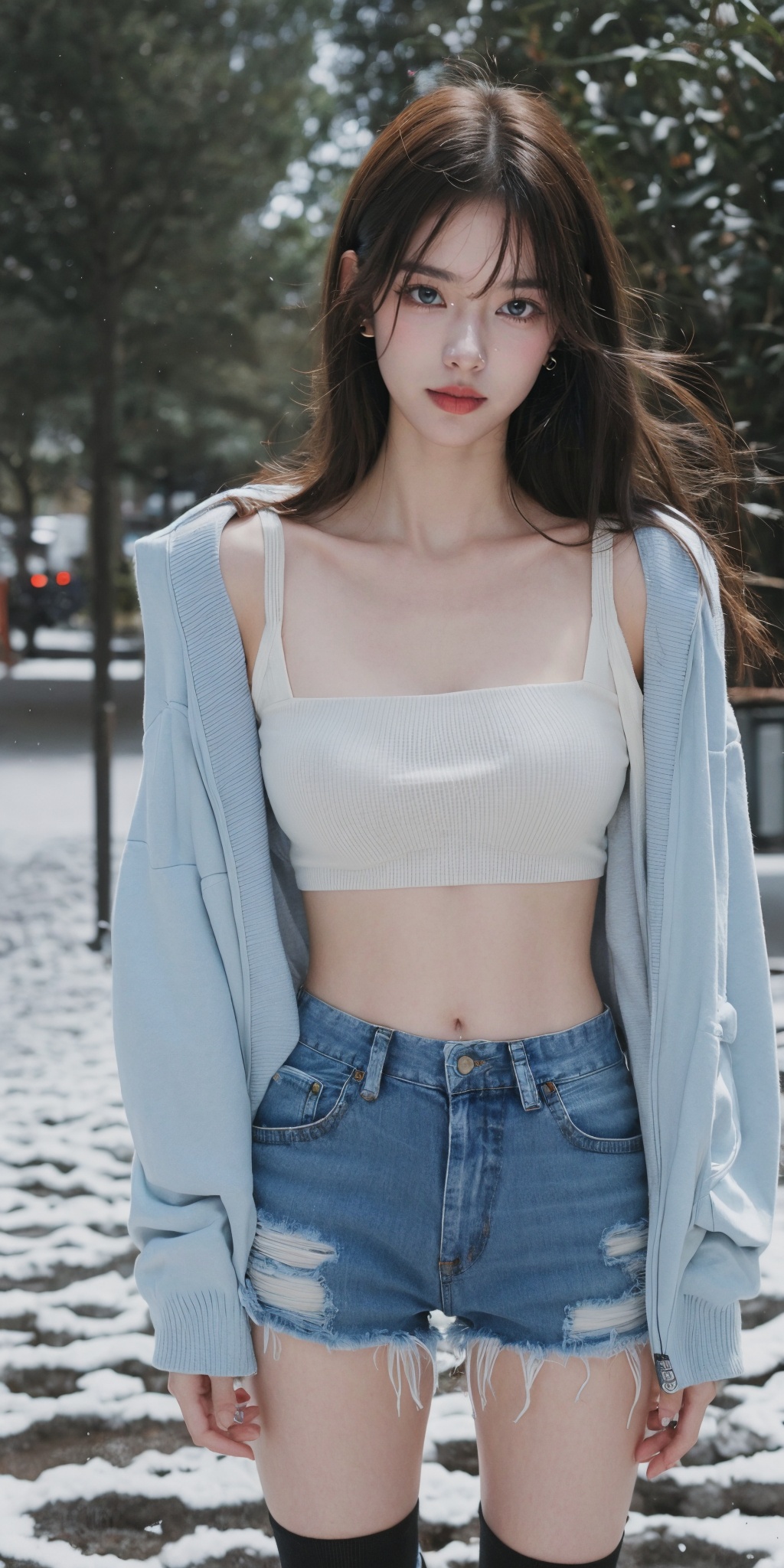 17 year old girl, solo, breasts, black hair, shorts, thighhighs, (Thigh-high socks:1.2),snow, long hair, single thighhigh, denim, outdoors, jewelry, earrings, cleavage, navel, denim shorts, midriff,  full body, bra, underwear,  parted lips, winter, short shorts, standing, tree, blue eyes, black footwear, sleeves past wrists, day, long sleeves, looking at viewer, collarbone, crop top,snowing, lips, large breasts, sweater, cutoffs,Blur