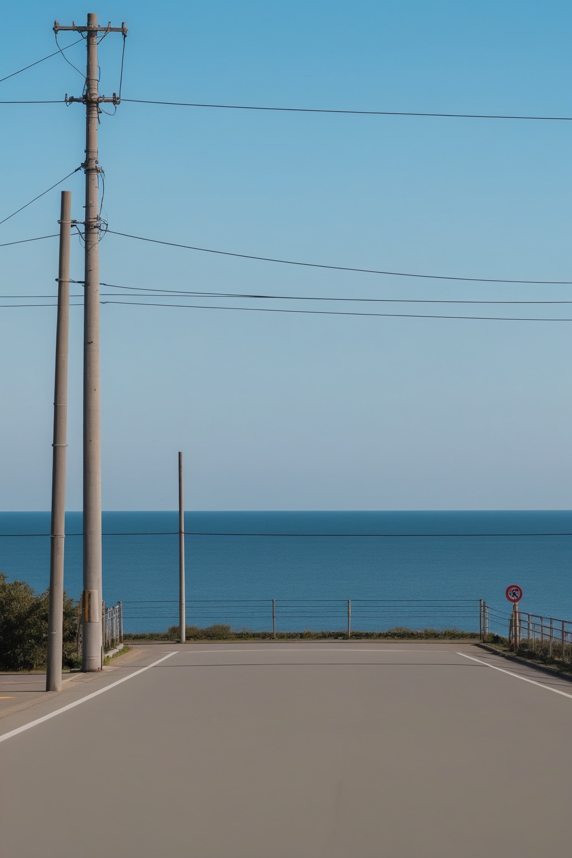<lora:Anchestreet-V1:0.7>,anchestreet,no humans,outdoors,scenery,sky,ocean,road,railing,utility pole,