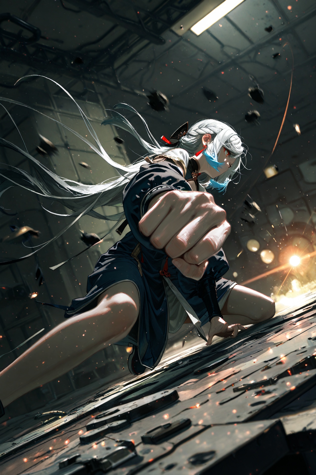 masterpiece,best quality,amazing quality,very aesthetic,absurdres,newest,light particles,cinematic lighting,Visual impact,sharp focus,Emotionalization,lens flare,depth of field,dynamic pose,dutch angle,extreme aesthetic,(dino_(dinoartforame):0.5),(yoneyama mai:0.5),(Yomu:0.3),(quasarcake:0.5),(wlop:0.5),1girl,shenhe,Science fiction,Mechanical desks and chairs,mechanical classrooms,mechanical institutions,Cyberpunk,Futuristic style,Steampunk,Punches,motion blur,light tracing,smoke on the fist,