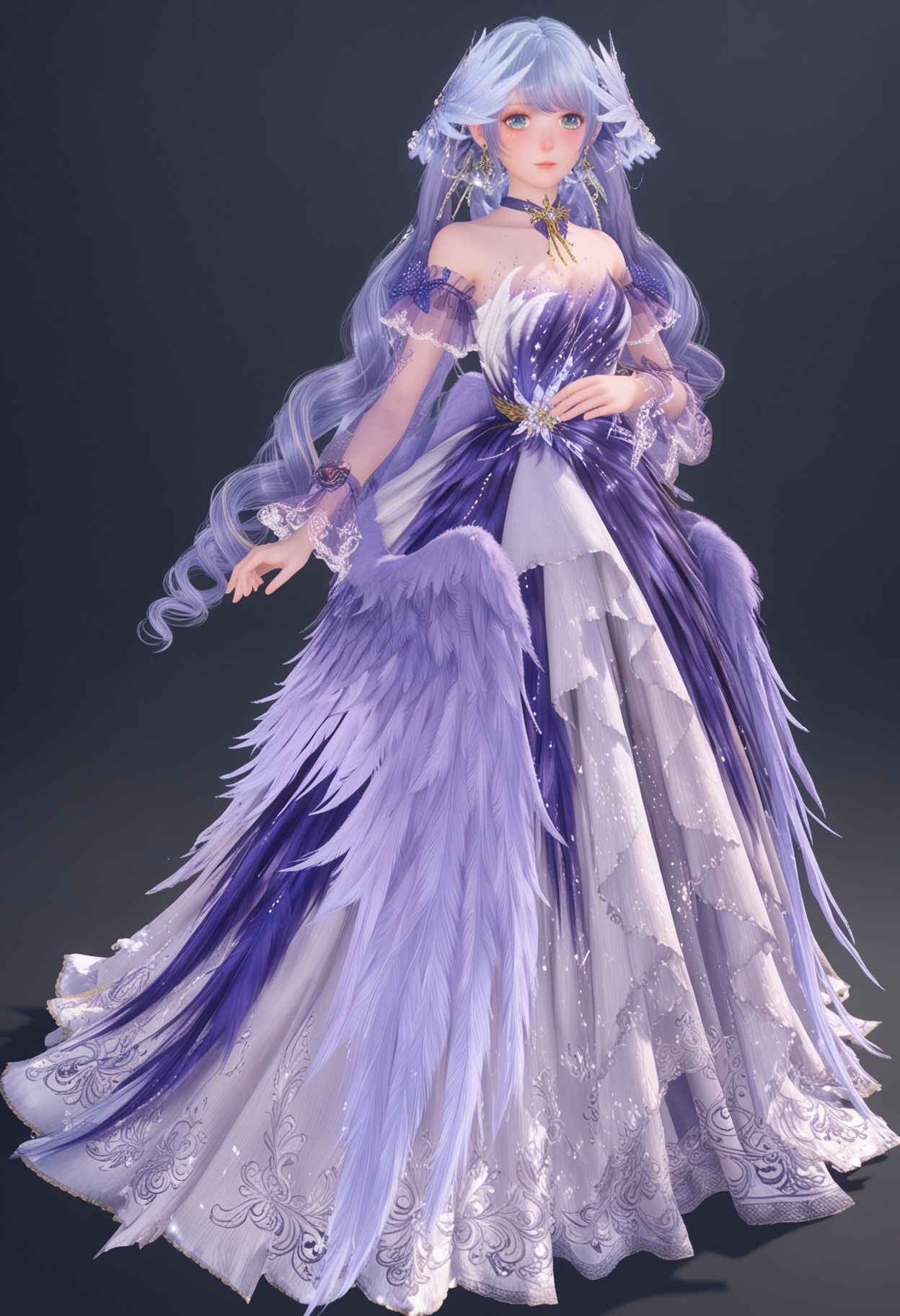 (full_body:1.1),(looking at viewer:1.1),facing viewer,direct gaze,<lora:YQ_pony_nuannuan21_chiyubuyu_zhigengniaoranse_V4:0.8>,see-through,see-through long_sleeves,1girl,solo,long hair,dress,jewelry,earrings,choker,purple dress,blue hair,purple hair,hair ornament,blue eyes,twintails,purple choker,BREAK (white skin:1.1),(fair skin:1.1),(Ivory skin:1.1),(shiny skin),perfect anatomy,(simple background,pure black background,black background:1.1),
