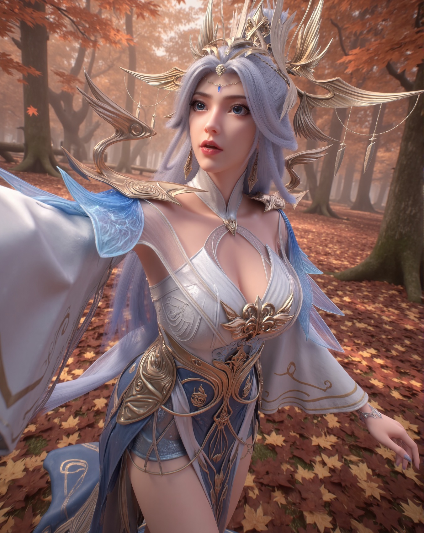 A self of Ningyudie,A self-portrait of an elegant fantasy female character with celestial beauty and a mystical aura,featuring long flowing silver hair,bright blue eyes,red lips,and delicate facial features. She wears an ornate fantasy armor-dress hybrid in white,blue,and gold tones,with feather-like extensions and intricate gold accents. Her attire is complemented by a large ornate headdress with feathers and gold,along with detailed earrings and a necklace showcasing a large blue gemstone. The character is taking a selfie with a shocked expression,one arm extended forward as if holding a camera or smartphone,in a running pose. The shot uses Dutch angle (tilted lens) and motion blur,adding a sense of unease and tension. Behind her,the scene shifts to a beautiful autumn maple forest with leaves falling gently through the air,creating a serene yet dynamic backdrop. The ground is covered with a thick layer of fallen maple leaves in shades of red,orange,and yellow. Rays of sunlight pierce through the canopy,casting soft shadows on the forest floor. The atmosphere feels calm and peaceful,contrasting sharply with the tense posture of the character. Fantasy art style,high detail,cinematic lighting,4K ultra HD.,