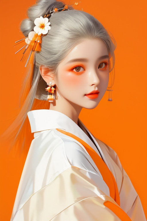 1girl,o_style,o_style, solo, 1girl, orange background, looking at viewer, flower, simple background, japanese clothes, kimono, long hair, earrings, jewelry, upper body, orange theme, grey eyes, grey hair, white flower, red lips, makeup, from side, hair ornament, branch, closed mouth, hair flower<lora:o_style_512_dreamshaper_8:0.8>,