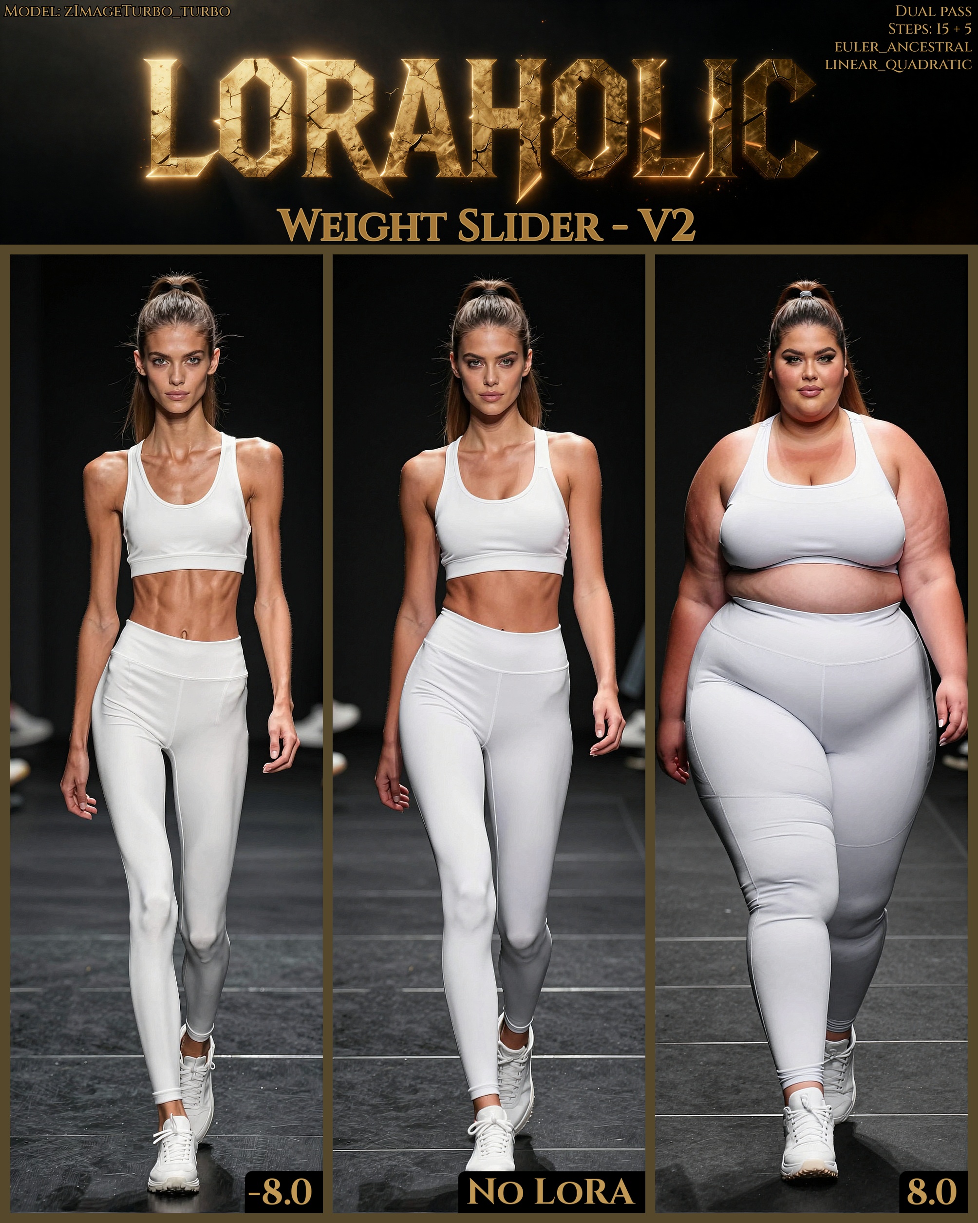 A confident young woman in her early 20s strides powerfully down a sleek black runway catwalk during a high-energy sportsw...