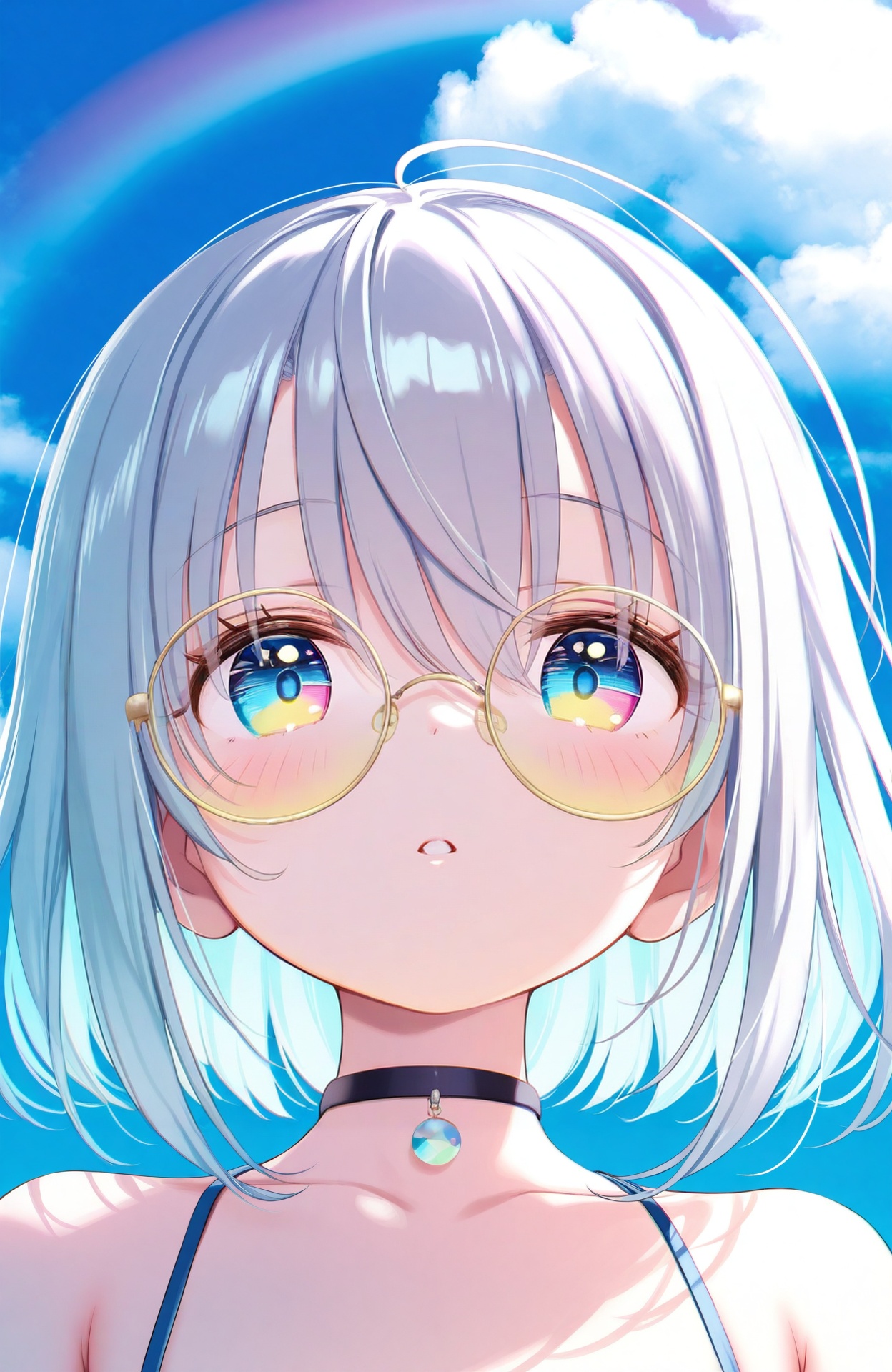 masterpiece,absurdres,best quality,loli,petite,high quality,chromatic_aberration,//,1girl, solo, looking at viewer, bangs, blue eyes, hair between eyes, parted lips, sky, glasses, choker, cloud, sunglasses, portrait, close-up, multicolored eyes, round eyewear, tinted eyewear, rainbow, eye focus