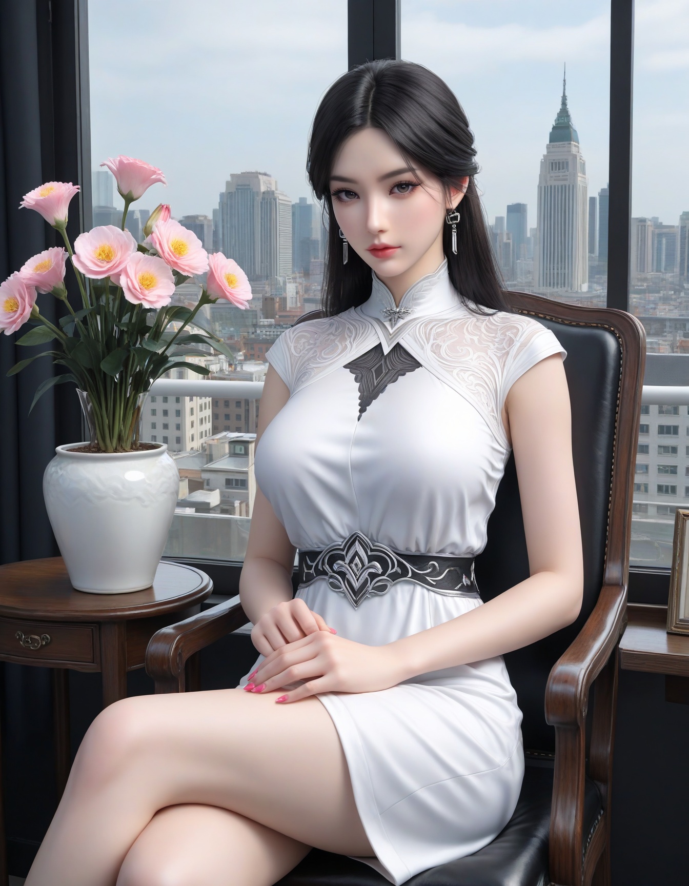 masterpiece,ultra-HD,photorealistic,high detail,best quality,8k,best quality,sharp focus,1girl,SFXuanYi,breasts,large breasts,looking at viewer,lipstick,white dress,black hair,makeup,eyelashes,pink nails,solo,full shot,cowboy shot,chair,sitting,window,indoors,cross legs,flower flower pot,city,<lora:SF_ZhaoQingHan_IL_Real_v50-000004:0.7>,