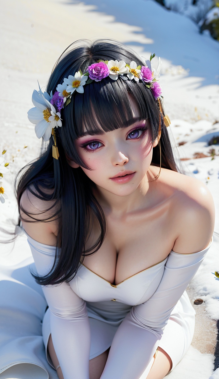 masterpiece,highres,1girl,solo,sfw,<lora:add_detail:0.3>,looking at viewer,thighhighs,((beautiful Dress+stocking):1.25),((flower headdress:1.45)),((white theme:1.5)),snow,outdoors,snowflakes,3D graphics,nyotengu,purple eyes,<lora:nyotengu-000004:0.75>,