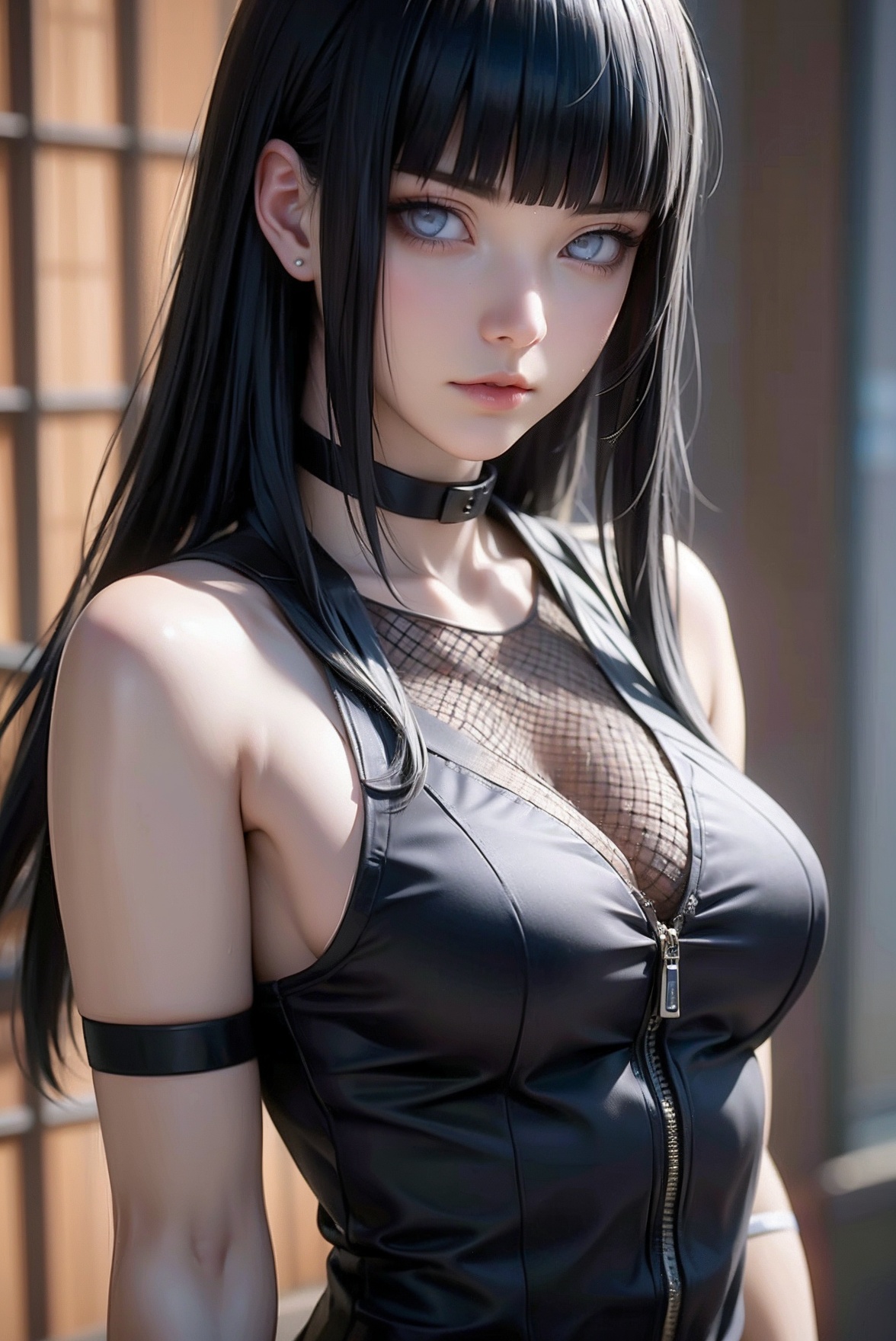 <lora:20240622-1719022747205:0.7>,a girl,white eyes,long black hair,straight bang,nishito daisada,choker,metal plate,green ninja suit,mesh,