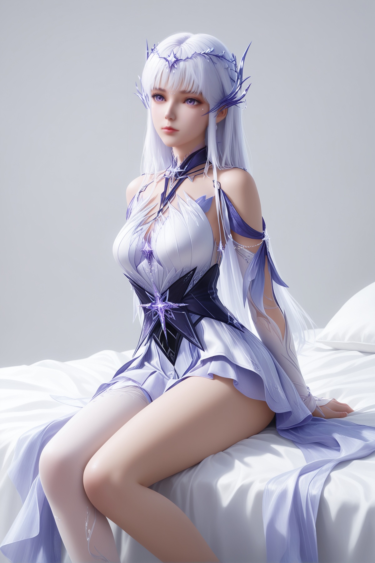 masterpiece,best quality,realistic,cinematic,detail eyes,(ultra-detailed),perfect composition,intricate details,absurdres,detailed face,high quality,high res,8K,<lora:X_shengcaier_jxtg_IL3.0s:0.8>,white hair,purple eyes,1girl,long hair,breast,medium breast,hair_ornament,dress,white_pantyhose,bare_legs,asymmetrical legwear,sitting,simple background,white_background,bed,