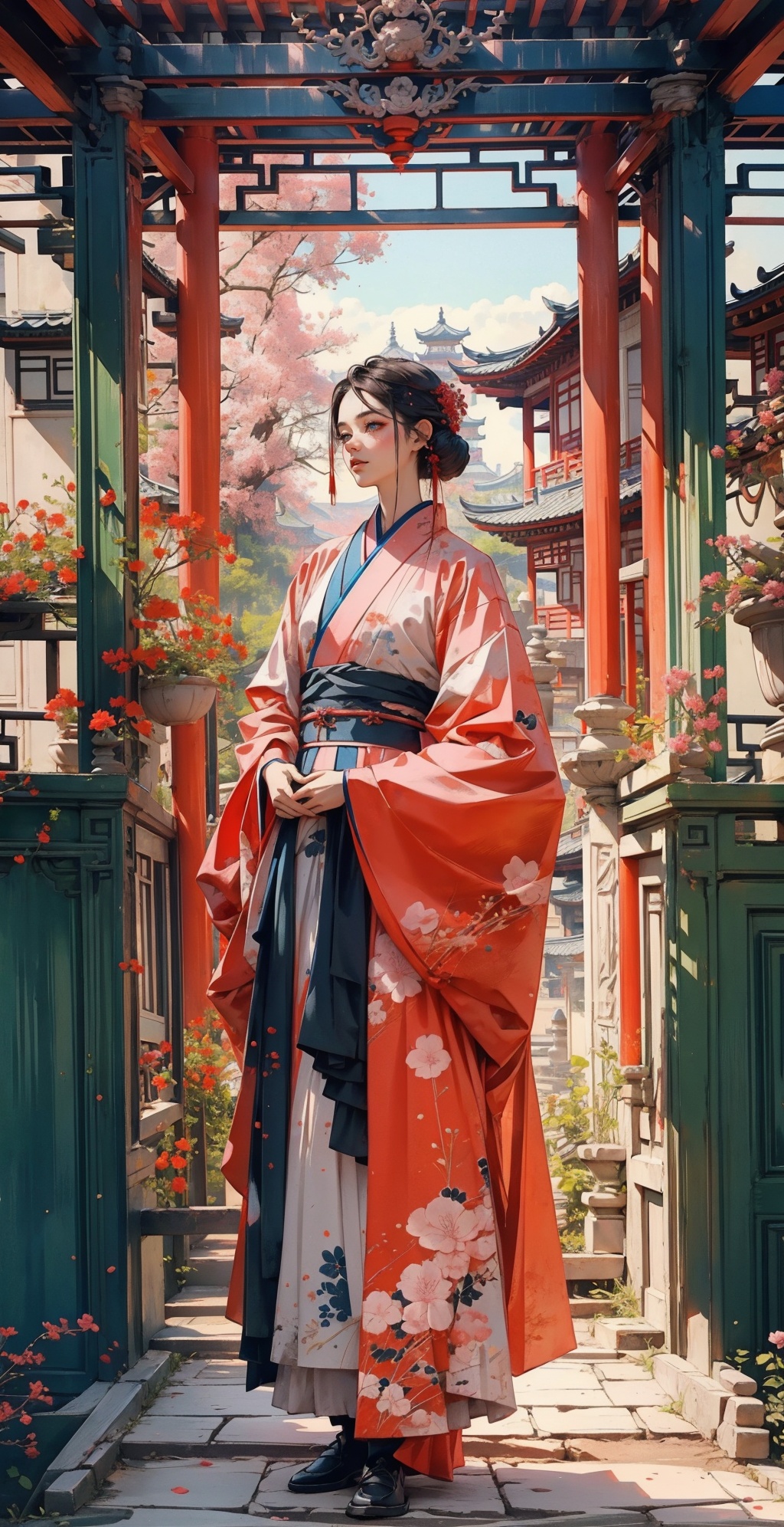 elaborate Hanfu:1.3,masterpiece,high quality,best quality),(colorful),in door,in china environment,(delicate eyes and face),volumatic light,ray tracing,<lora:elaborate Hanfu_20230808075428:0.5>,Exquisitely dressed1.5,red Clothing,pink Clothing,blue Clothing,