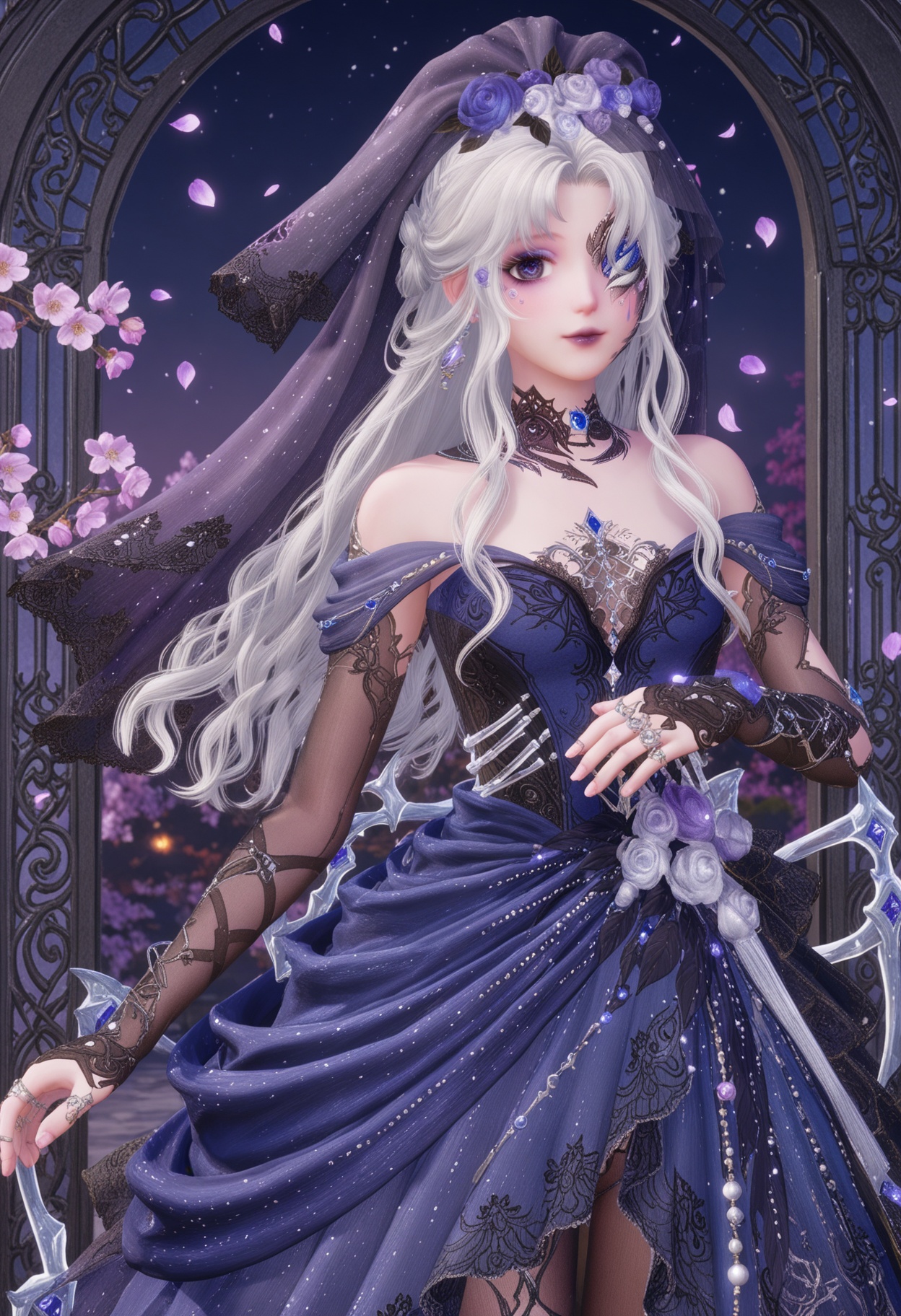 (cowboy shot:1.2),(looking at viewer:1.1),masterpiece,(best quality),smog,Dark room,dim lighting,peach blossom,falling petals,<lora:YQ_Illustrious光辉v5_暖暖36_V1:0.8>,q1528437228,1girl,solo,jewelry,long hair,white hair,purple eyes,dress,hair flower,hair ornament,makeup,earrings,gloves,ring,eyepatch,petals,purple lips,bridal gauntlets,pointy ears,blue eyes,grey hair,high heels,one eye covered,choker,pantyhose,long dress,bridal veil,fingerless gloves,necklace,fine fabric emphasis,bow,braid,eyeshadow,