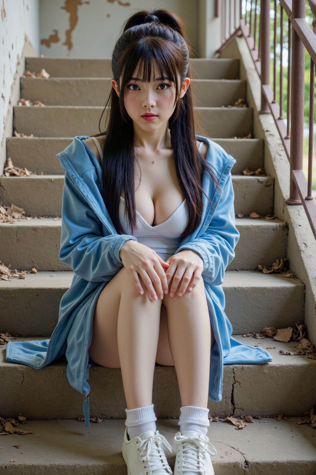 <lora:20250503_AgainCharactersF1Lora_10:0.5>, 1girl,solo,long hair,breasts,looking at viewer,large breasts,black hair,cleavage,sitting,jacket,full body,ponytail,socks,black eyes,lips,white footwear,blue jacket,stairs,realistic,hands on own knees,sitting on stairs,old building,cracks,rotten patches,visible,shabby,concrete,rusty,metal railings,rusty metal railings,aging wall,
