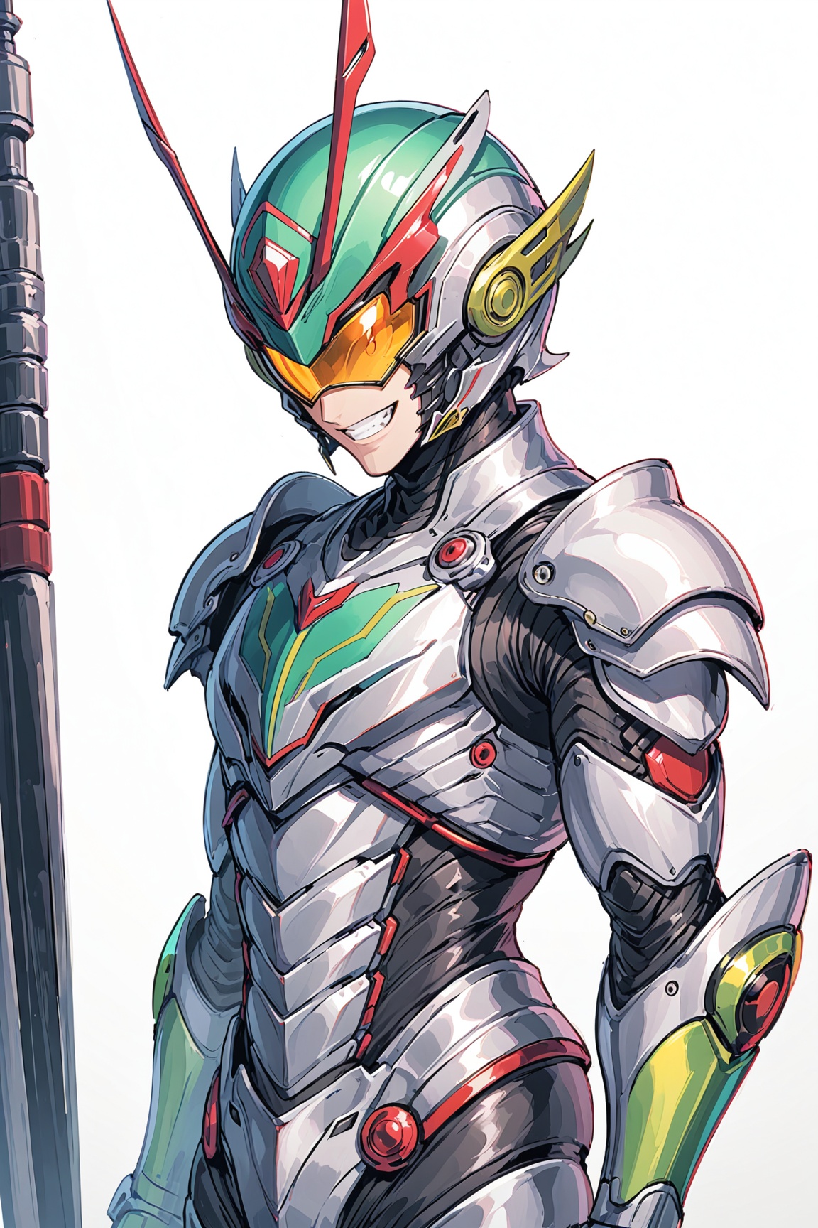 ultra-detailed,(best quality),((masterpiece)),(highres),original,extremely detailed 8K wallpaper,(an extremely delicate and beautiful),anime,\\,BREAKsuwabe,1boy,solo,male focus,full body,armor,white background,helmet,simple background,cropped torso,antennae,teeth,sketch,kamen rider,<lora:suwabe_xl-v3:0.3>,