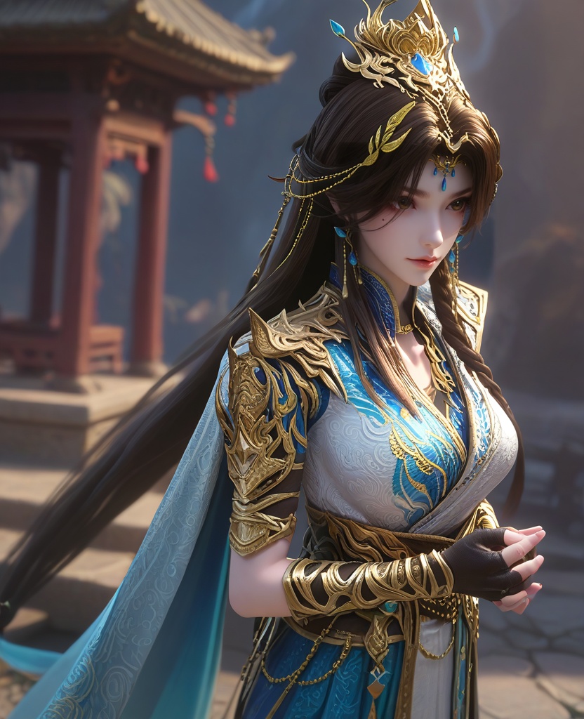 (oriental architecture, elegant decor, sophisticated style:1.1),(Hands clasped behind her back, head tilted to one side with a playful smirk playing on her lips, she channels an air of confident seduction that is impossible to resist:1.1),(From a bird's-eye view, capturing the entirety from above:1.1),(large breasts:1.2),<lora:XL16云深不知梦羲和第20集‌跃灵谷:0.95>,miss xihe,white and blue tiered hanfu,brown eyes,mole under left eye,black hair,very long hair,draped looped buns with front braid,hair ornament,jewelry,vambraces,black fingerless gloves,cape,sash,, score_9,score_8_up,score_7_up,score_6_up,score_5_up,score_4_up,3d rendering,tag1,tag2, Cinematic Lighting,backlighting,