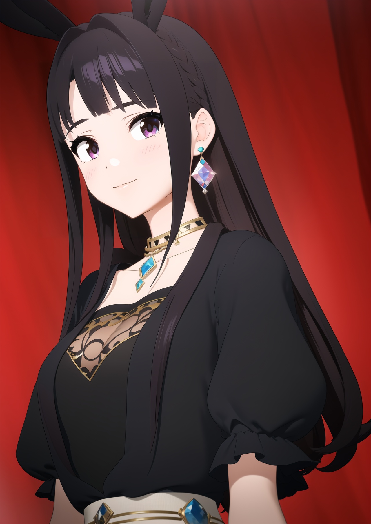 masterpiece,best quality,1girl,jewelry,solo,ring,rabbit ears,animal ears,gem,braid,long hair,earrings,bracelet,hair ornament,upper body,smile,black hair,looking at viewer,veil,brown hair,single braid,dress,red background,lips,closed mouth,(front view:1.2),(looking_at_viewer:1.2),(eye-contact:1.2),