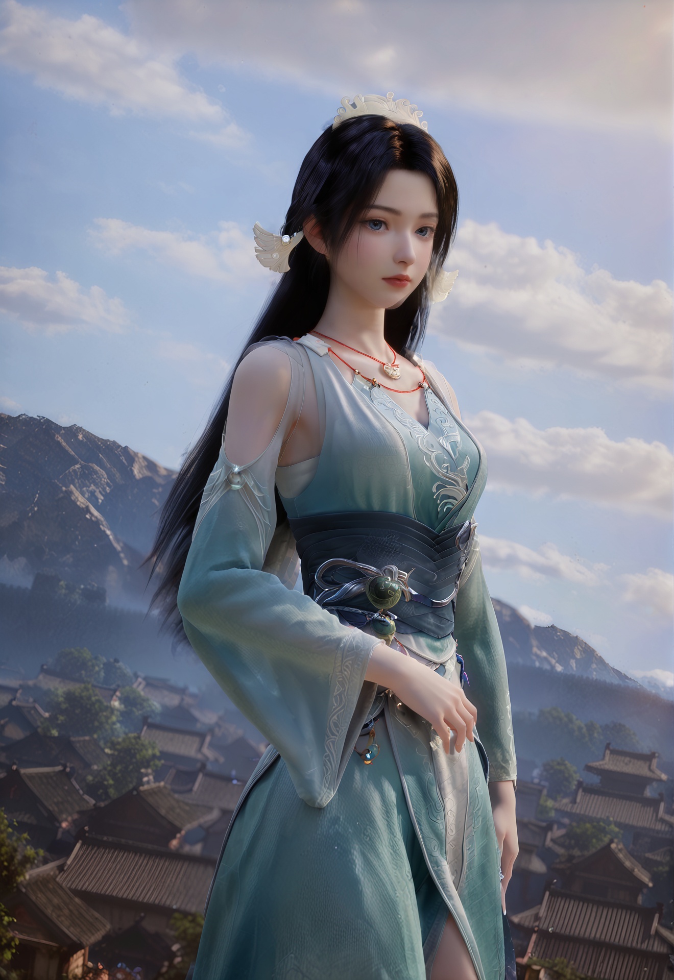 score_9,1girl,solo,long hair,sky,jewelry,cloud,hair ornament,sash,blue sky,necklace,outdoors,blue dress,detached sleeves,black hair,<lora:宋玉:0.8>,