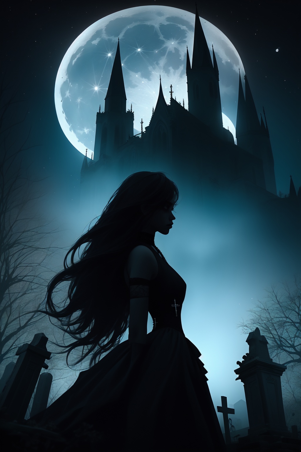 ShenMi, moon, night, tombstone, dress, graveyard, solo, tree, castle, full moon, sky, cross, outdoors, black dress, from side, gothic, night sky, 1girl, gothic style<lora:ShenMi7:0.8>