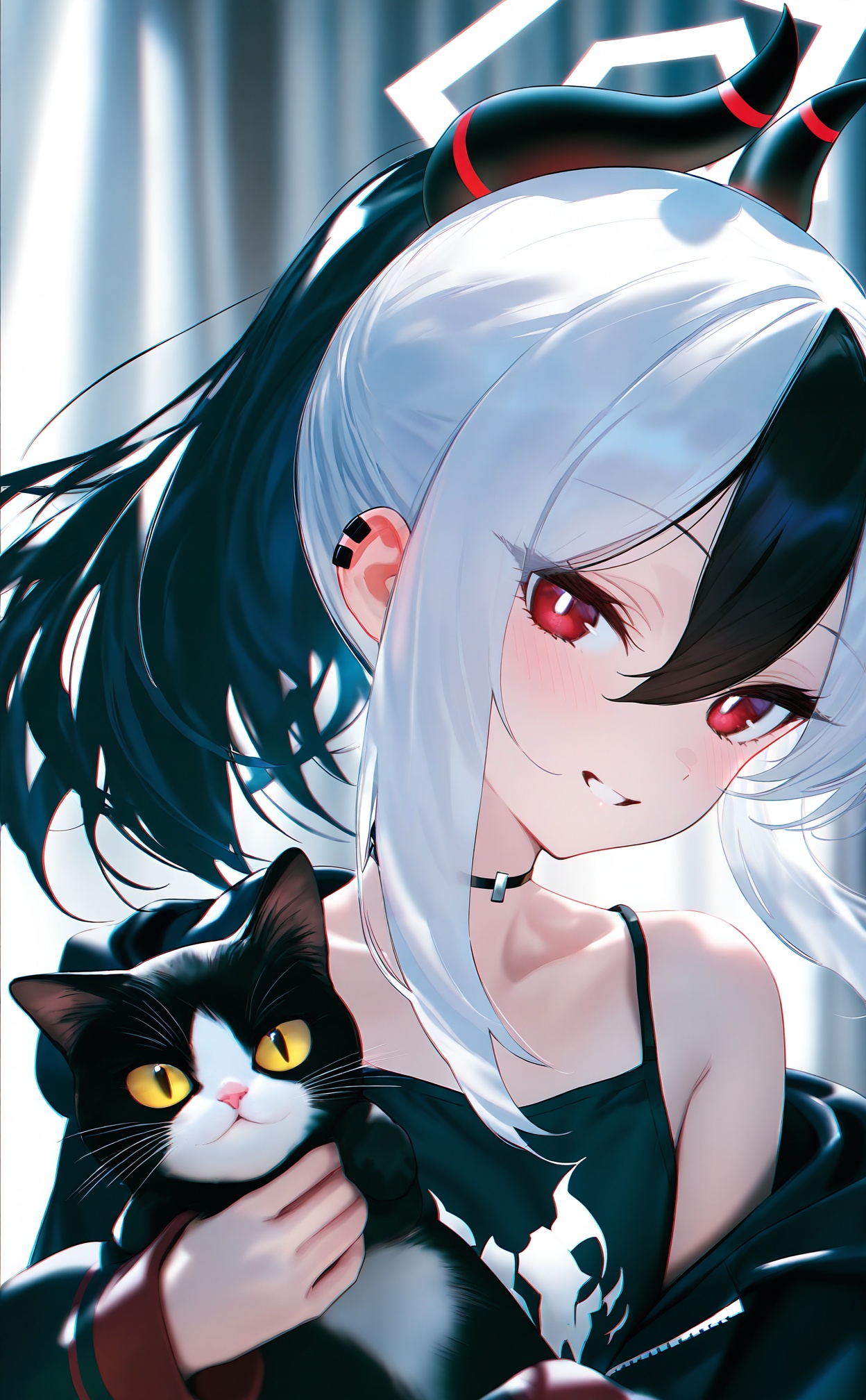 masterpiece,best quality,high quality,loli,chromatic_aberration,//,1girl, kayoko (blue archive), horns, cat, red eyes, black hair, halo, smile, multicolored hair, white hair, animal, holding, solo, jacket, ponytail, demon horns, looking at viewer, black choker, holding animal, hair between eyes, choker, hood, two-tone hair, upper body, long sleeves, black jacket, holding cat, **** top, black horns, grey halo, off shoulder, single bare shoulder, sidelocks, camisole, black hoodie, hoodie, collarbone, blurry, grin, blush, hooded jacket, black camisole, blurry background, curtains, parted lips//,//,official art,depth of field,detailed light,blurry background,cinematic lighting,ray tracing,ultra detailed,god rays,backlighting,photo background,film grain,chromatic aberration,volumetric lighting,depth of field,blurry background,shiny skin,floating hair,cinematic lighting,day,very aesthetic,//,<lora:MAQ1109——【noob】hans:1>,