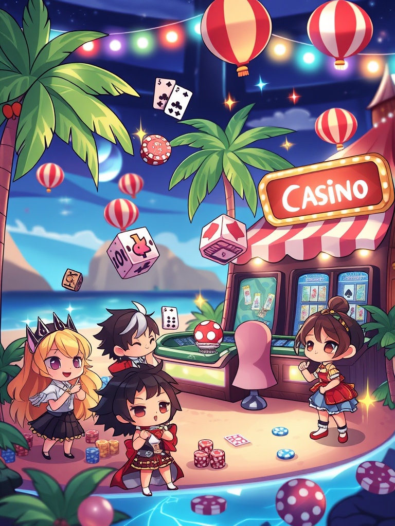 style_mix,  Whimsical chibi characters in a casino set on a tropical island,  with palm trees on Tensor.Art