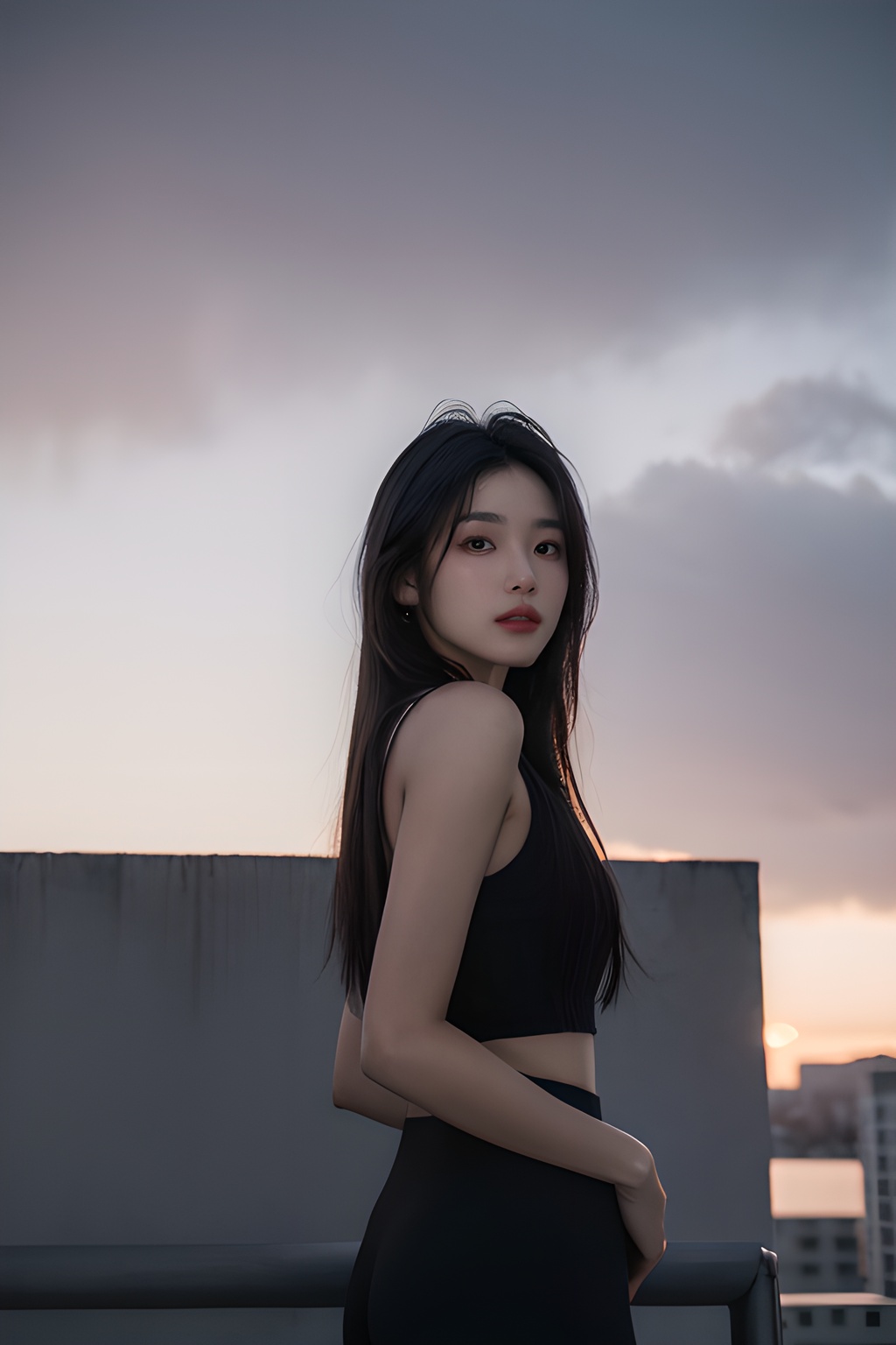 <lora:0811_04:0.7>,Frontal photography,Look front,evening,dark clouds,the setting sun,On the city rooftop,A 20 year old female,Black top,Black Leggings,black hair,long hair, dark theme, muted tones, pastel colors, high contrast, (natural skin texture, A dim light, high clarity) ((sky background))((Facial highlights)),, 1girl,realistic,masterpiece, best quality, photorealistic, HDR,detail