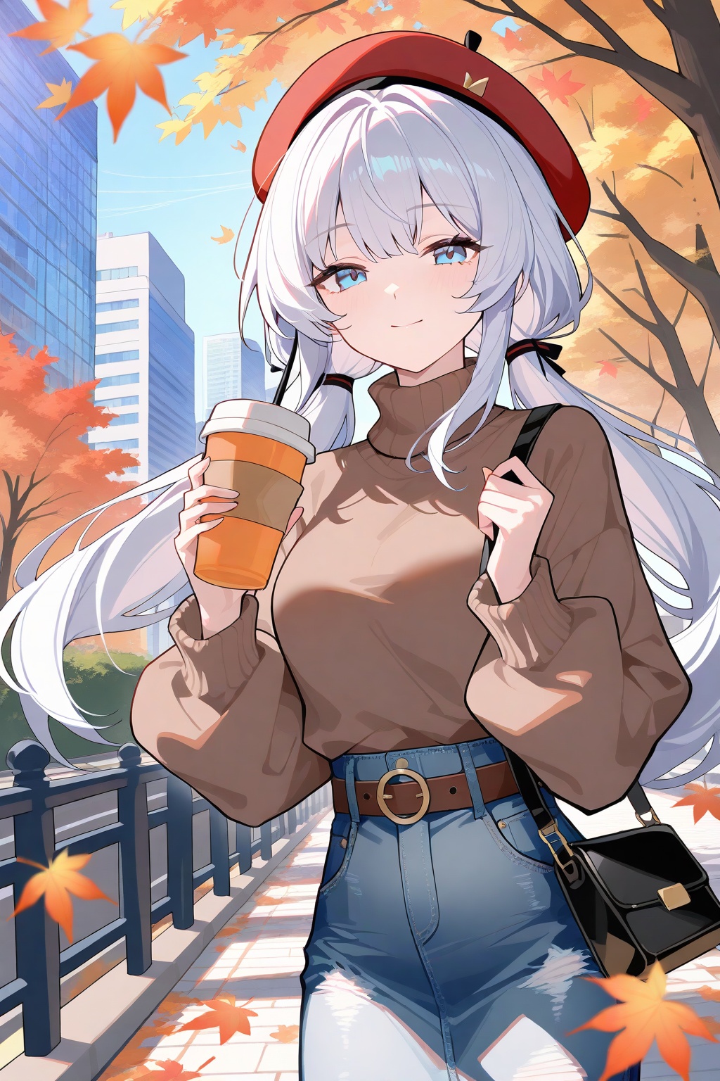 anon,crisp,ezu,Tender,gwwj,1girl, solo, outdoors, skirt, blue eyes, long hair, denim, autumn leaves, sweater, hat, belt, bag, holding, twintails, looking at viewer, cup, long sleeves, smile, leaf, beret, disposable cup, holding cup, building, turtleneck, red headwear, low twintails, white hair, brown sweater, denim skirt, blue skirt, day, closed mouth, autumn, sky, breasts, tree, handbag, turtleneck sweater