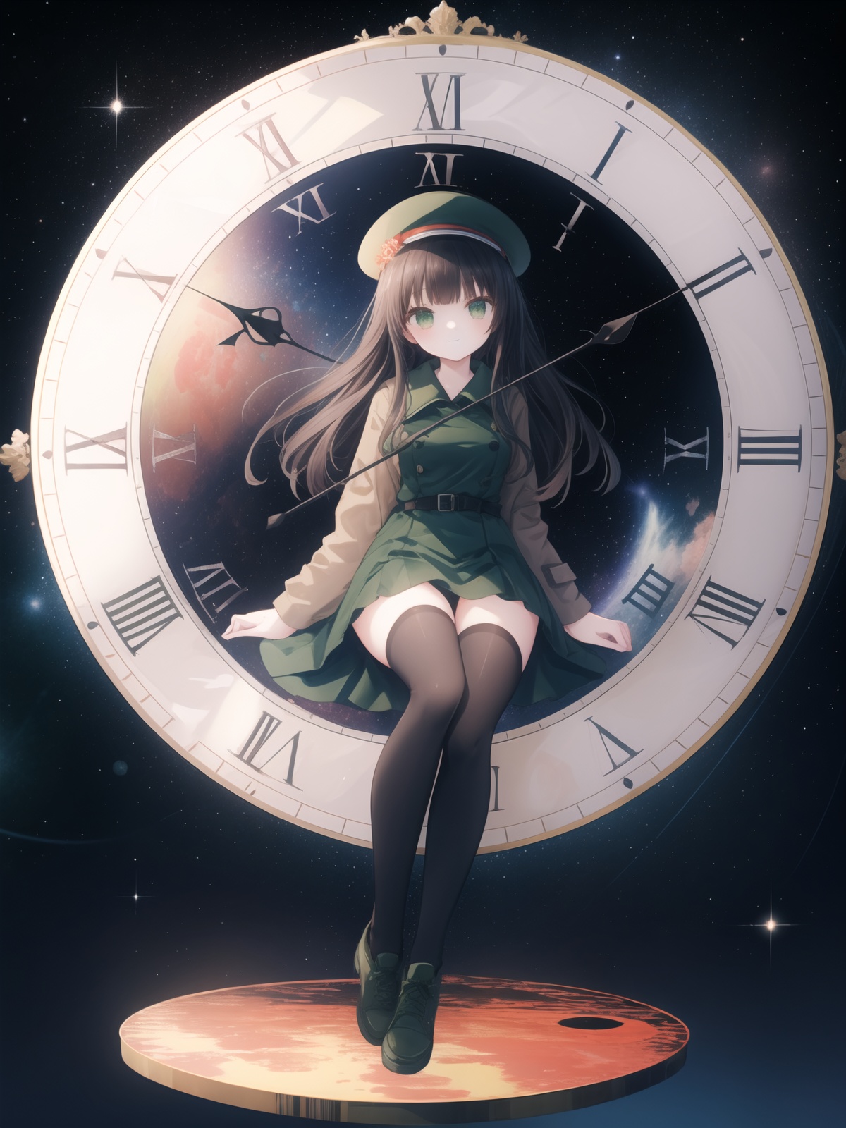 (masterpiece),best quality,highres,stunning art,beautifully painted,colorful,(rim light:1.2),4K wallpapper,fantasy,(panorama),(huge circular flowing round_ramed_clock background),through space,(huge circular flowing transparent hollow round_ramed_clock  on top:1.3),complete round_ramed_clock,(((circular surround floating) cityscape landscape)),solo,1girl,slim,sitting_invisible_chair,gentle smile,(black thighhighs),long black hair,blunt bangs, green eyes,(khaki fedora), khaki coat,long light-green dress, light-greenshoes,space background,starry_sky,galaxy,red moon