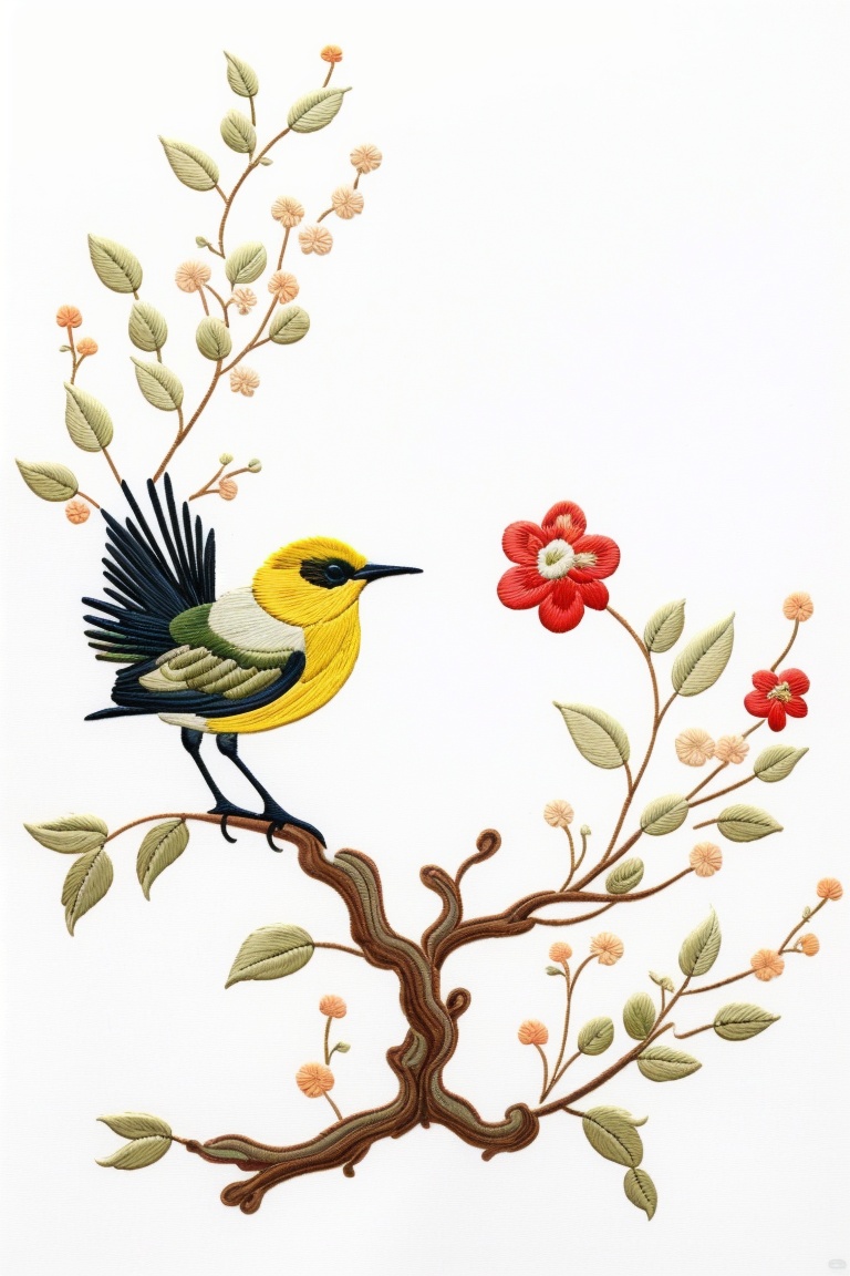 ((HRD, HUD, 8K)),((masterpiece, best quality)), highly detailed,Embroidery, no humans, animal focus, leaf, flower, food, white background, simple background, branch, animal, <lora:20240520-1716211516835:0.8>