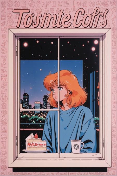 masterpiece, very awa, very aesthetic,nostalgic, 1980s, retro, flat, line art, pop art, retro futuristic,clear contrast, city pop, bokeh, abstract graphic,geometric stripe background, dynamic graphic background,album cover, wallpaper, painting, minimalist, cafe, exterior, through the window, coffee cup, cake