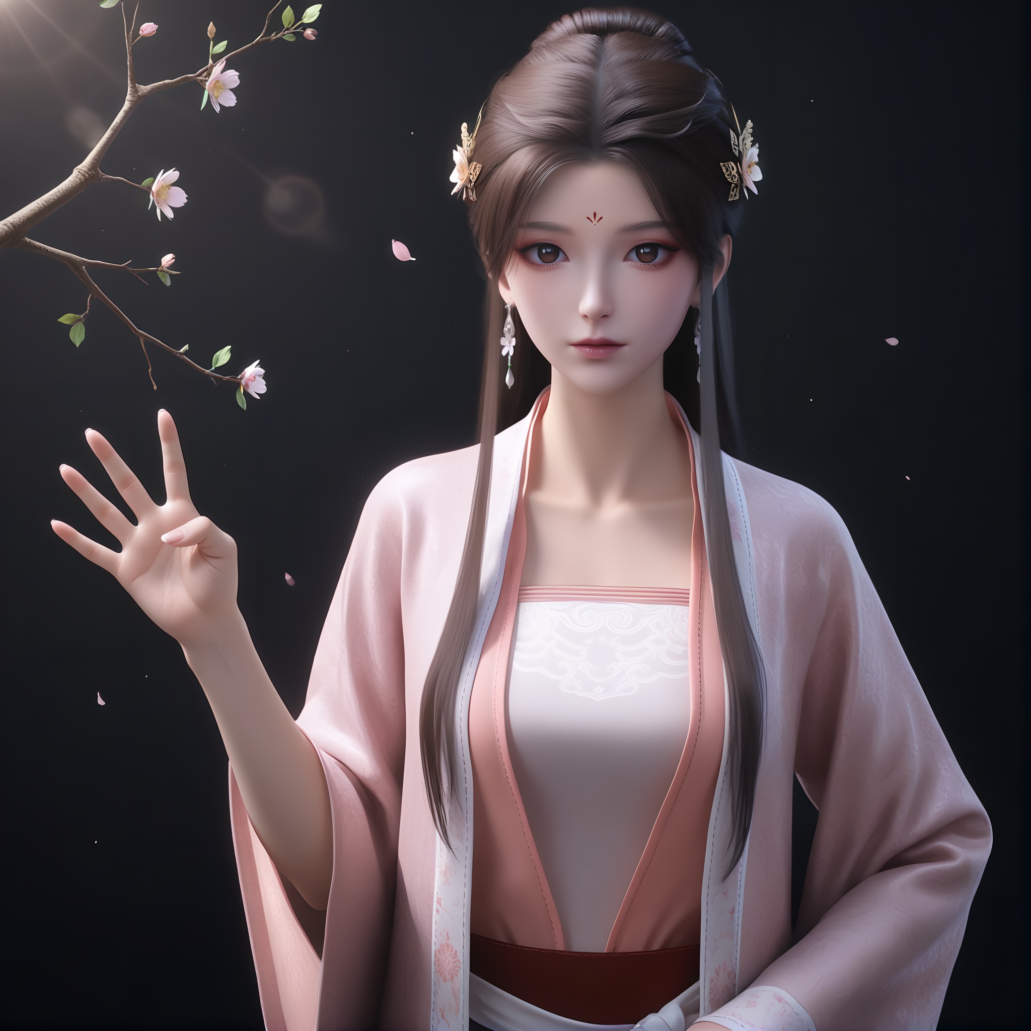 masterpiece,best quality,absurdres,highres,(glamor:1.1),(slender:1.1),skinny,<lora:苏檀儿-ill-000008:0.83>,1girl,solo,flower hair accessory,hair flower,hair ornament,long hair,half-up bun,dark brown hair,jewelry,earrings,forehead mark,brown eyes,pupils,dilated_pupils,brown_pupils,silk robe,pink robe,layered outfit,beizi,ru top,waist sash,pink,collarbone,large breasts,sutaner,looking at viewer,(front view),(ok_sign),BREAK(white_skin:1.1),(fair_skin:1.1),realistic,twig,branch,falling petals,simple background,black background,rim light,Volumetric Lighting,lens flare,Tyndall effect,depth of field,bokeh,sparkle,