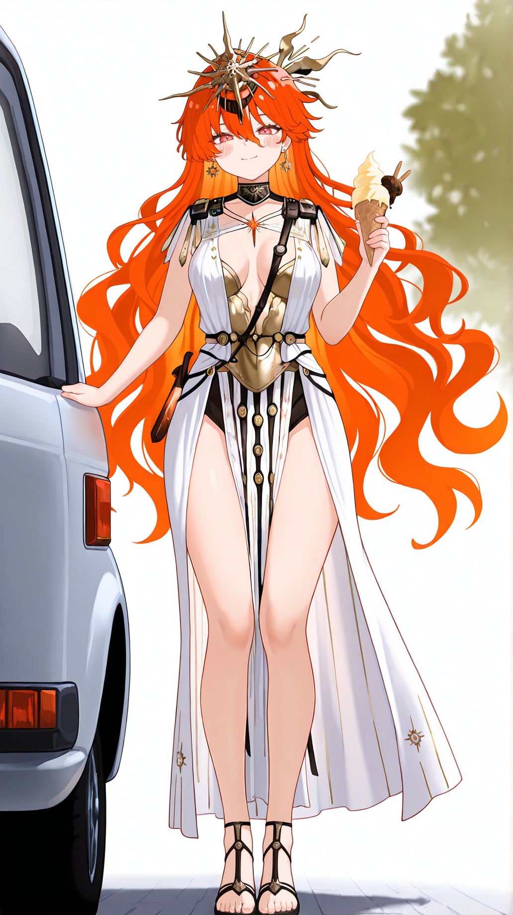 masterpiece,best quality,amazing quality,<lora:qban1:1>,qban1,<lora:augusta-000025:0.8>,bronze_headdress,gear_center,flame_like_spikes,black_ribbon,religious_headdress,ornate_headpiece,metal_crown,augusta \(wuthering waves\),1girl,red eyes,food,solo,long hair,holding,ice cream,earrings,jewelry,red hair,smile,looking at viewer,holding food,orange hair,dress,ice cream cone,full body,white dress,motor vehicle,closed mouth,holding ice cream,very long hair,hair between eyes,standing,sandals,breasts,1girl,solo,white background,simple background,looking at viewer,blush,blush stickers,