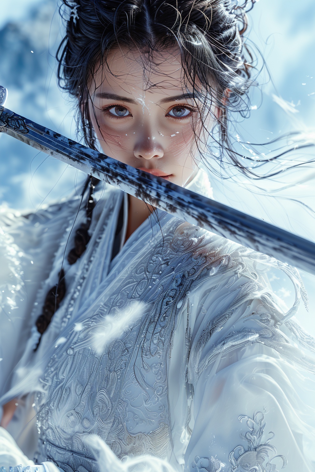 swordswoman,1girl ,black hair ,blue sky, blurry, brown eyes ,closed mouth ,cloud ,day ,eyelashes ,floating hair ,grey eyes, holding sword, lips ,long hair, looking at viewer, messy hair, mountain, snow ,solo ,sword ,water, weapon, wind ,winter, sword ,Hanfu 