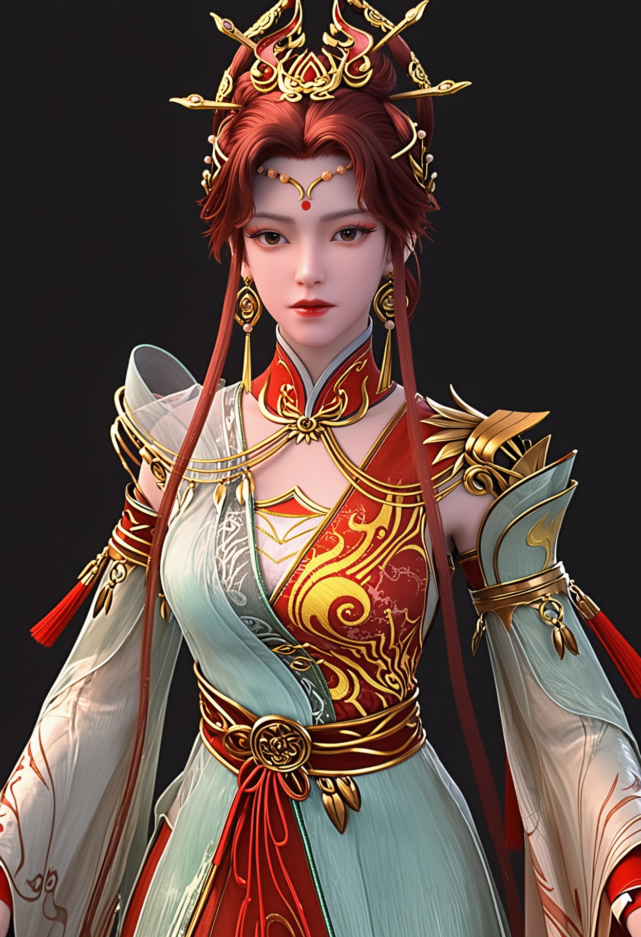 (cowboy shot:1.1),(looking at viewer:1.1),facing viewer,direct gaze,<lora:YQ_pony_zhenxianyingling_V4:0.8>,q1528437228,1girl,solo,jewelry,earrings,hair ornament,brown hair,chinese clothes,dress,hair bun,red hair,brown eyes,long hair,long sleeves,forehead mark,detached sleeves,sash,BREAK simple background,pure black background,black background,perfect anatomy,