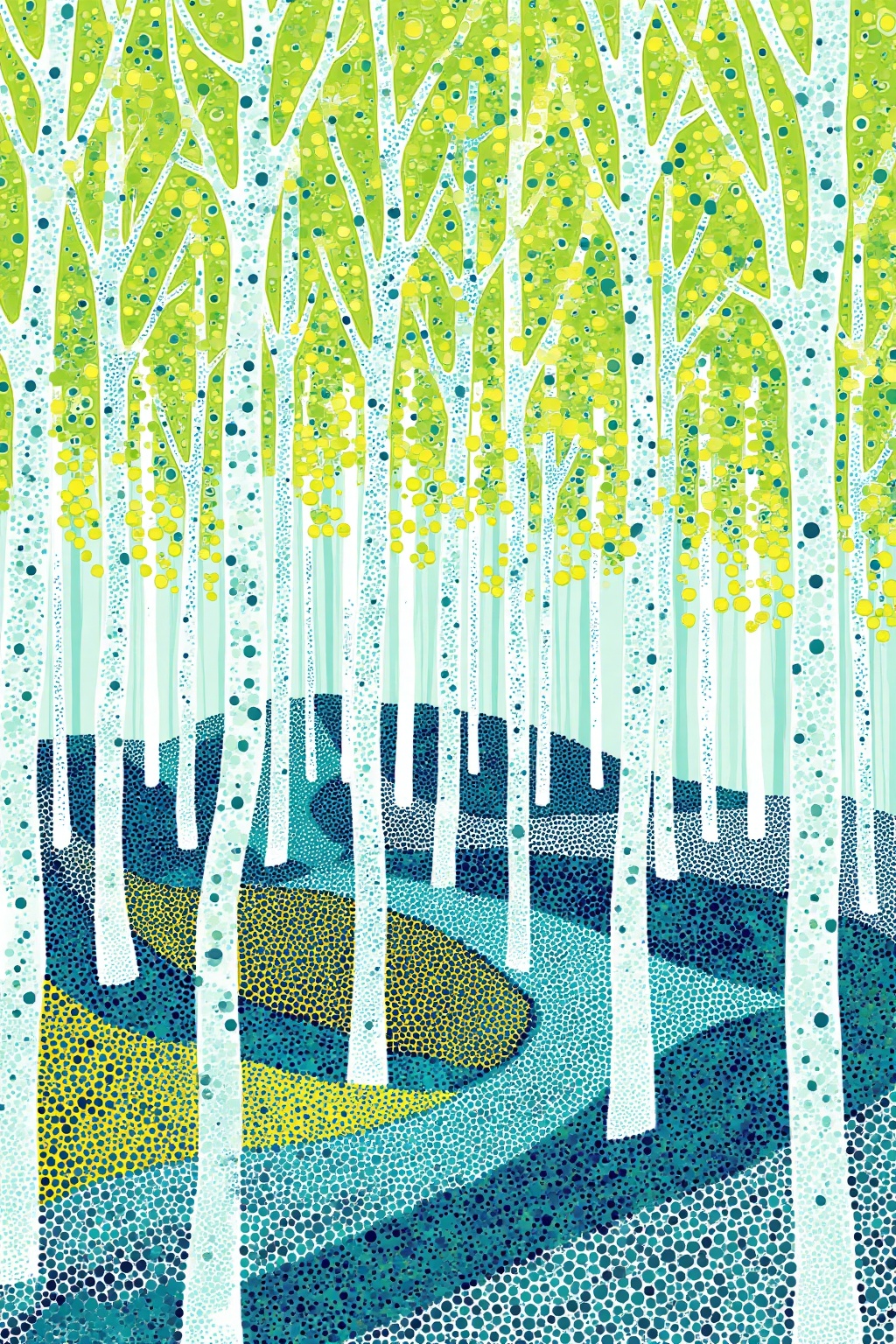 SK,SK,this digital art piece is crafted in the pointillism style,portraying a forest scene replete with lofty,graceful trees. The background showcases a gradient transitioning from a pale,minty green to a deep,emerald hue,creating a sense of depth and tranquility. The forest floor is carpeted with a rich,intricate mosaic of sapphire and teal tones,interspersed with splashes of goldenrod that mimic the dappled sunlight filtering through the canopy. The overall composition is a vibrant symphony of color,blending realism with abstraction to evoke a sense of wonder and enchantment.,
