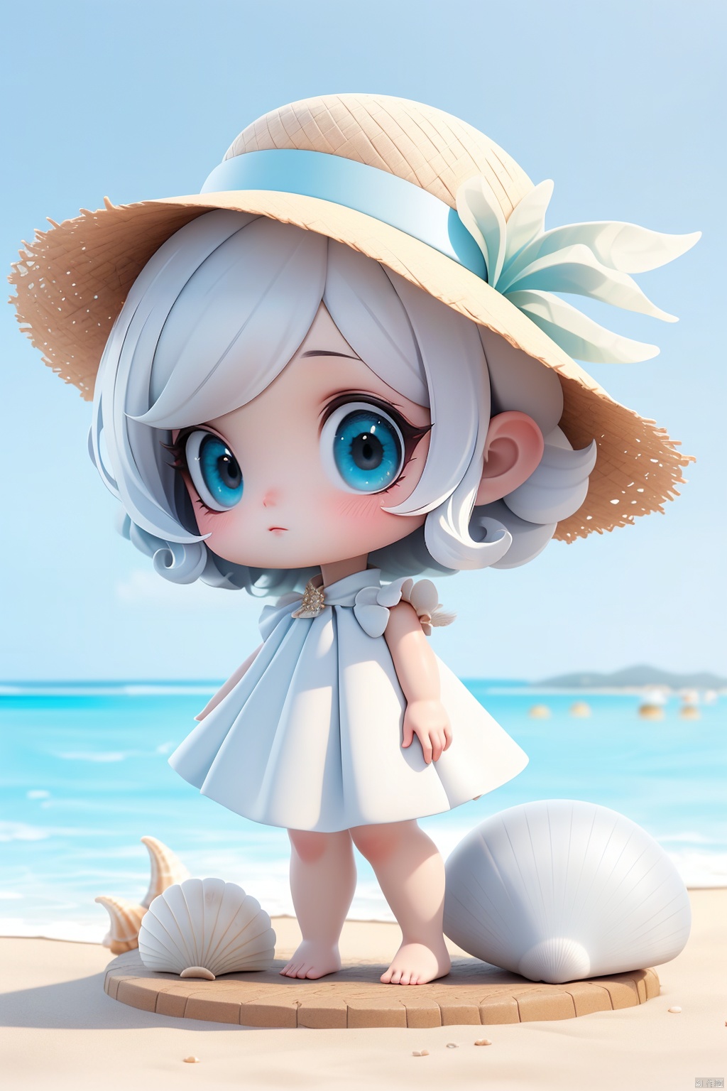 (Girlish body type), (masterpiece), (best quality), Exquisite visuals, high-definition, (ultra detailed), finely detail, ((solo)), (white Silver hair), (gradient Blue), (beautiful detailed eyes), Kawai, loveliness, ,standing, ((full body)), a slightly shy little shell with short white hair, anthropomorphic shells,a center cut, (child:1.2), wearing a white shell outfit and a swimming ring. (((Shell clothes and hats))),The environment is next to the beach, with coconut trees and many seashells on the beach