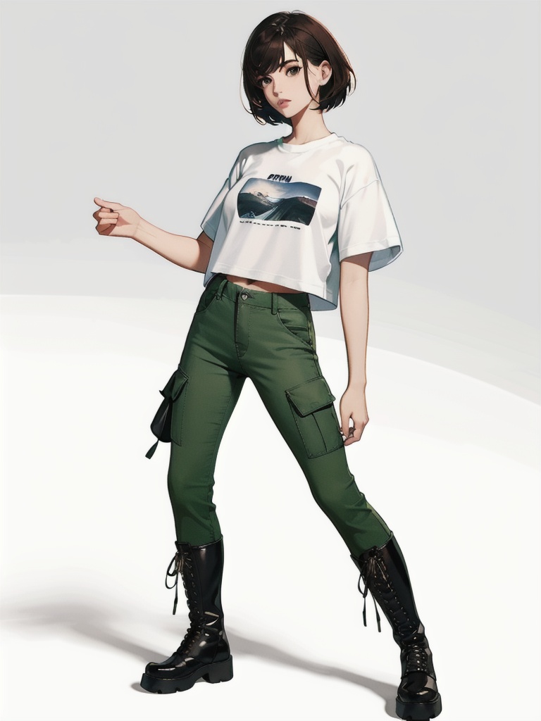 breathtaking (1girl), Cargo pants, cropped t-shirt, and combat boots., korean . award-winning, professional, highly detailed