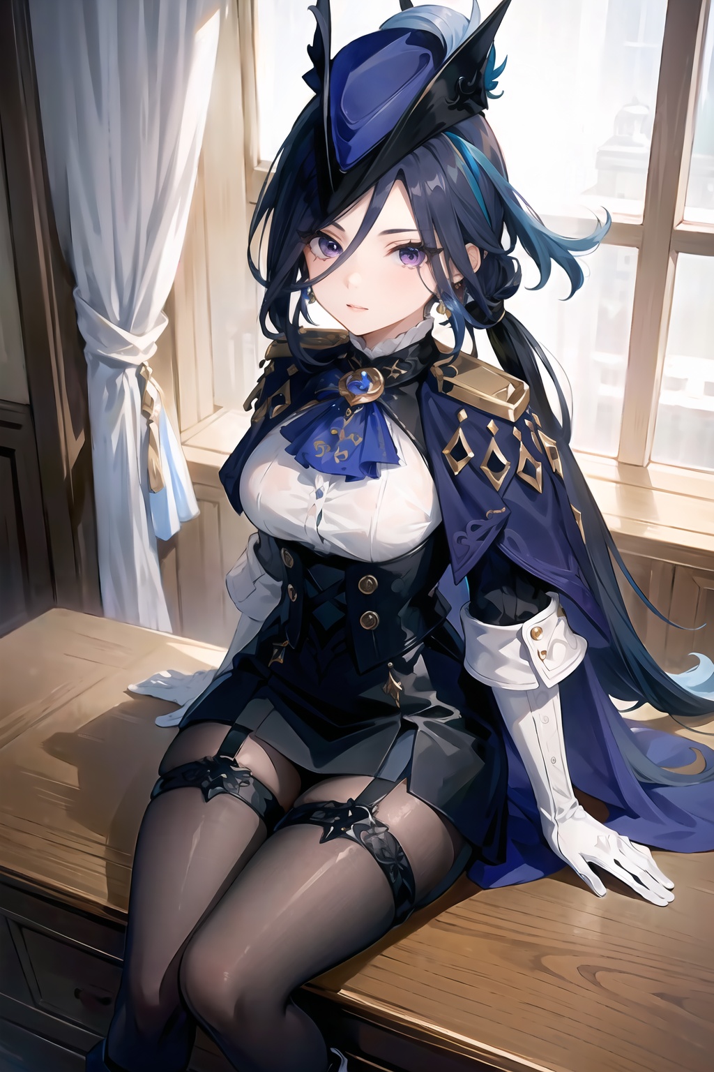 (masterpiece, best quality:1.2),insanely detailed,absurdres,ultra-highres,ultra-detailed,best quality,slender,kawaii,perfect symmetrical face,ultra cute girl,ultra cute face,ultra detailed eyes,ultra cute,ultra beautifu,clorinde \(genshin impact\),1girl,solo,purple eyes,hat feather,tricorne,white gloves,low ponytail,blue cape,blue hair,epaulettes,black pantyhose,ascot,breasts,black skirt,corset,blue headwear,boots,leg garter,black corset,shirt,earrings,<lora:clorinde-000001:1>,sitting,indoors,from above,