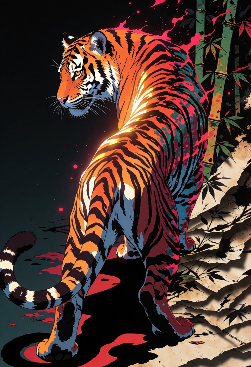 ta86_realityfracture,  tiger turning its head in a dark environment,  asymmetrical composition on Tensor.Art
