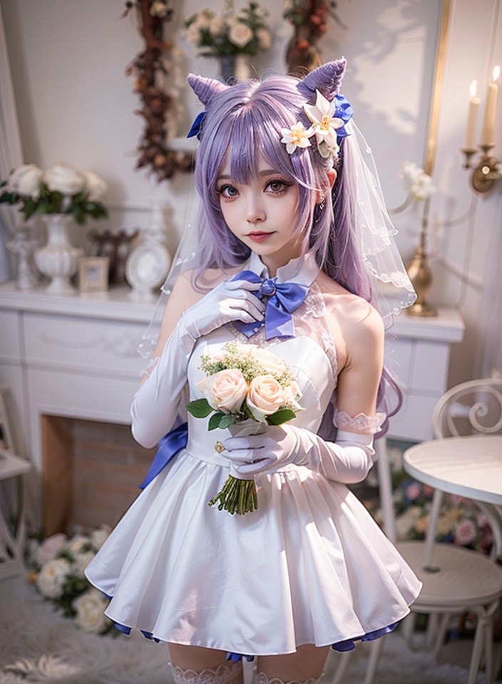 aiwest,1girl,cone hair bun,flower,gloves,dress,solo,purple hair,standing,keqing \(genshin impact\),elbow gloves,thighhighs,hair ornament,white dress,hair flower,long hair,white gloves,hair bun,purple eyes,bow,white flower,bowtie,veil,blurry background,sleeveless,blurry,looking at viewer,instrument,white thighhighs,bangs,chair,bare shoulders,wedding dress,bridal veil,frills,blue bow,double bun,<lora:aiwest_20231231155804:0.6>,
