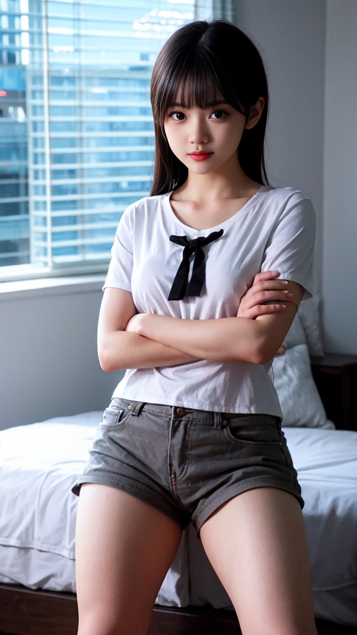 1girl,solo,pink shorts,shorts,shirt,crossed arms,looking at viewer,brown hair,indoors,bed,realistic,short shorts,white shirt,