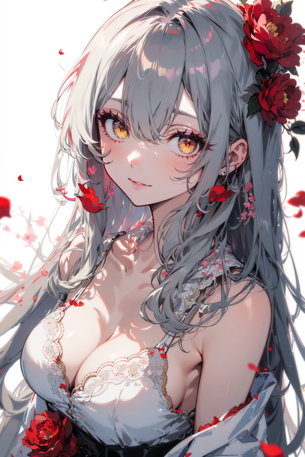masterpiece,best quality,1girl,solo,looking at viewer,silver hair,yellow eyes,beautiful and detailed face,evil smile,upper body,collarbone,collarbone,large breasts,white long translucent night gown,expressionless,hair cover one eye,long hair,red hair flower,standing,blood,(plenty of red petals:1.35),white background,simple background,