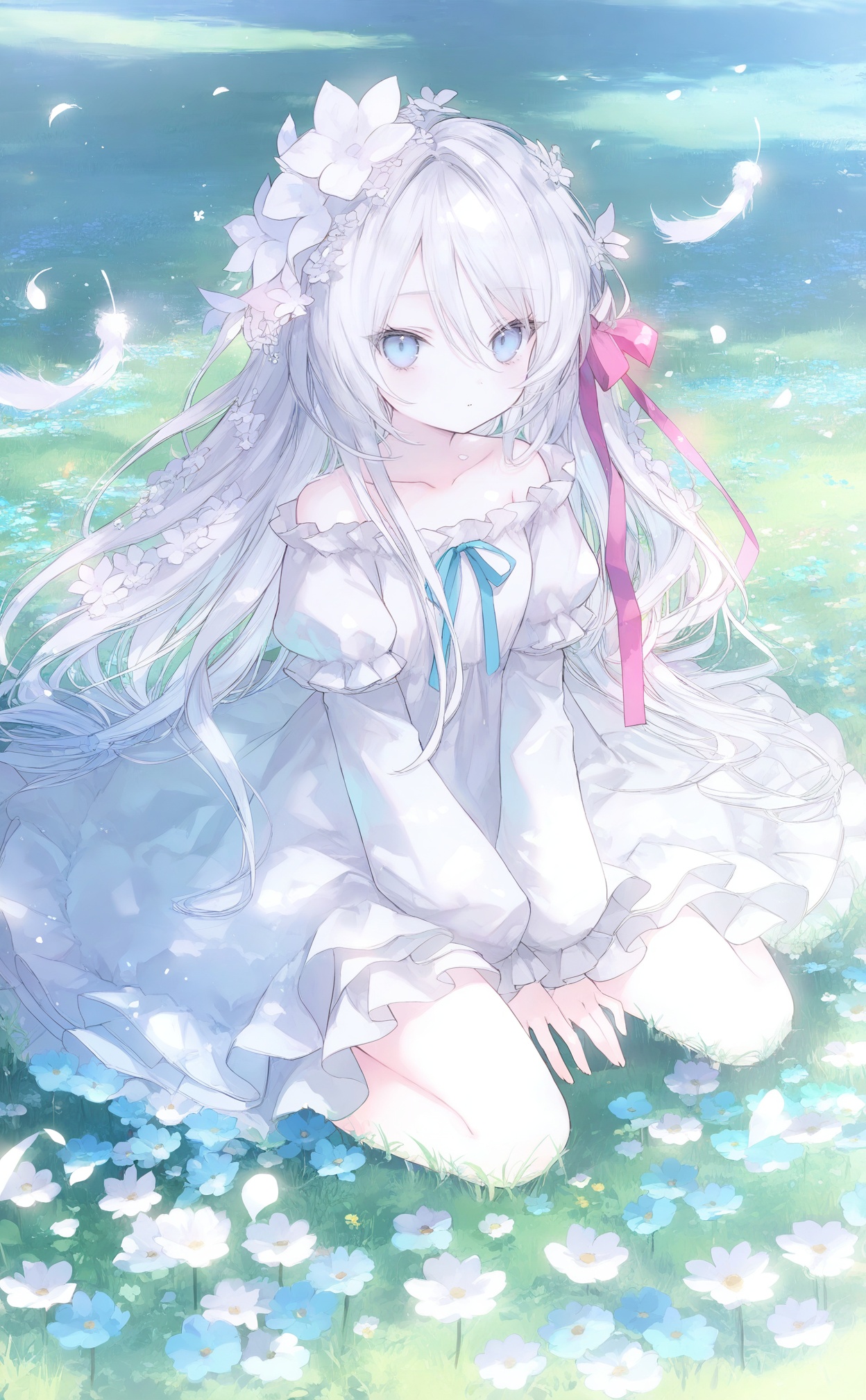 masterpiece,absurdres,best quality,loli,petite,high quality,chromatic_aberration,//,1girl, flower, dress, solo, long hair, hair ornament, hair flower, sitting, white dress, white hair, blue eyes, between legs, hand between legs, grass, long sleeves, bird, looking at viewer, field, blue flower, white flower, off shoulder, ribbon, outdoors, bare shoulders, hair ribbon, flower field, collarbone, petals, very long hair, on grass, off-shoulder dress, frills, layered sleeves, puffy sleeves, wariza, hair between eyes, pink ribbon, short over long sleeves, feathers, seiza, day, parted lips, full body, frilled dress//,<lora:guimao2——【noob】hans:1>,