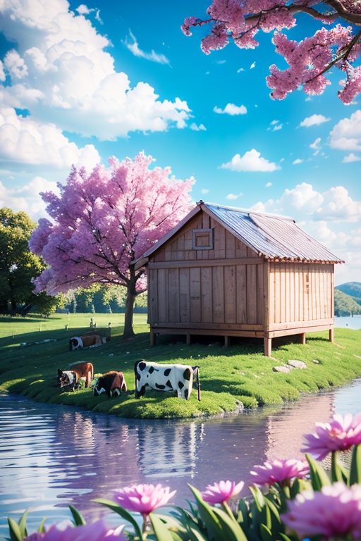 amazing, \(best quality:1.2\), Best quality, still life , 3d scene, flower, outdoors, sky, day, cloud, tree, blue sky, scenery, cow