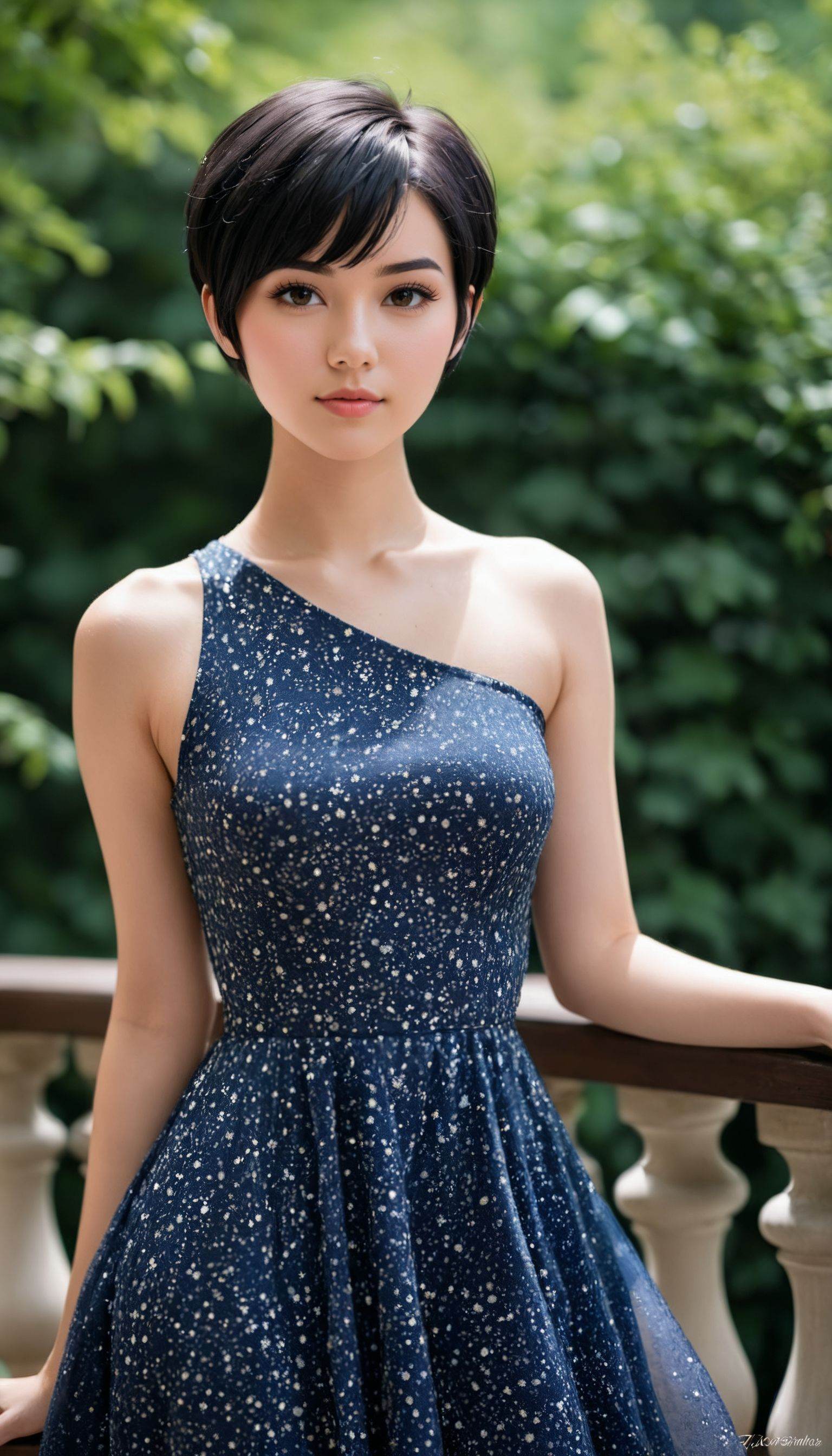 18 years old black hair beautiful woman,  pixie cut,  wearing dress on Tensor.Art