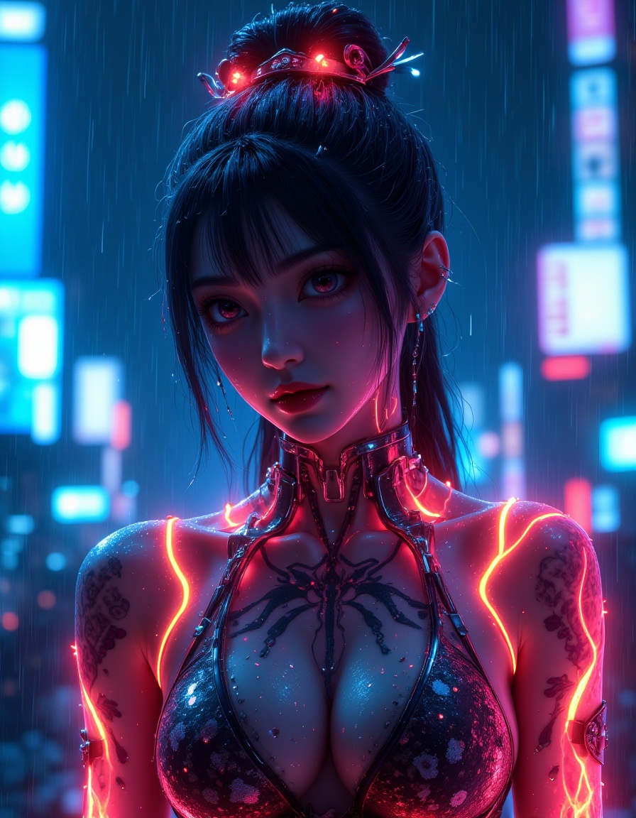 Neon-enhanced samurai girl with glowing cybernetic circuit armor,bioluminescent tattoos pulsating in rainstorm,dramatic backlighting from neon cityscape,hyperrealistic rain droplets on skin,cyberpunk aesthetic trending on ArtStation,MYchaos,