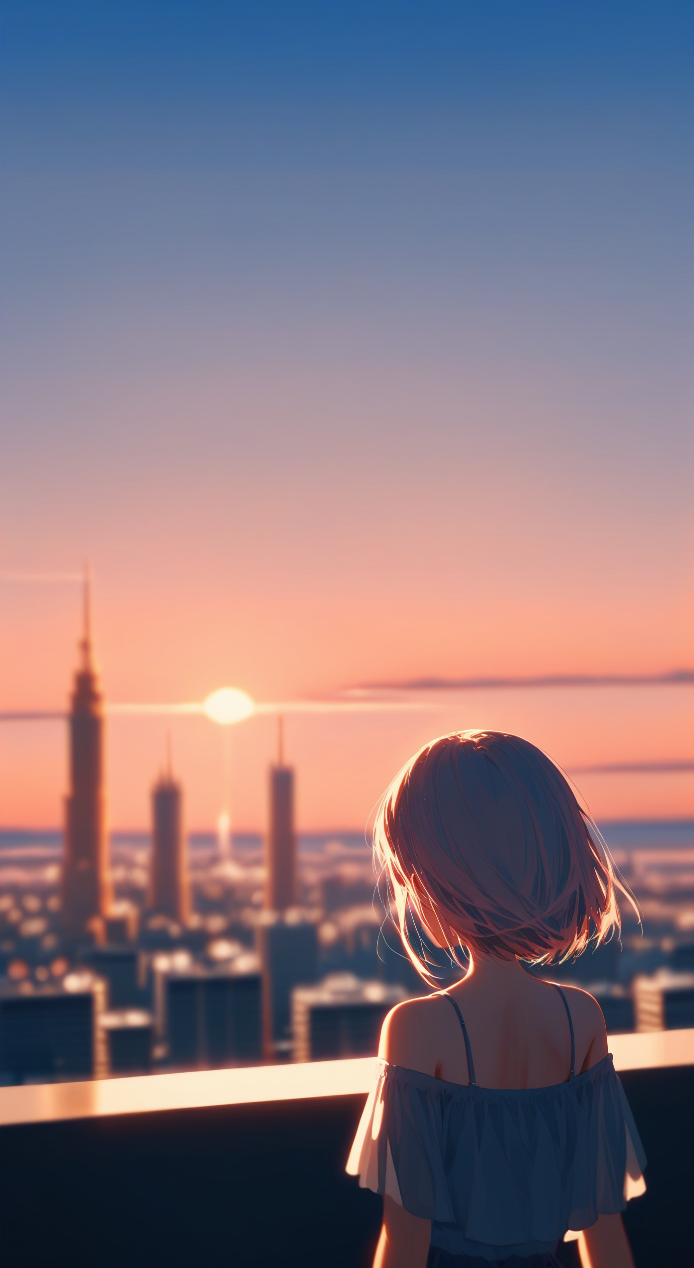 score_9,score_8_up,impressionism,summer.sunset.1girl's back,marvelous,cityscape,depth of field,