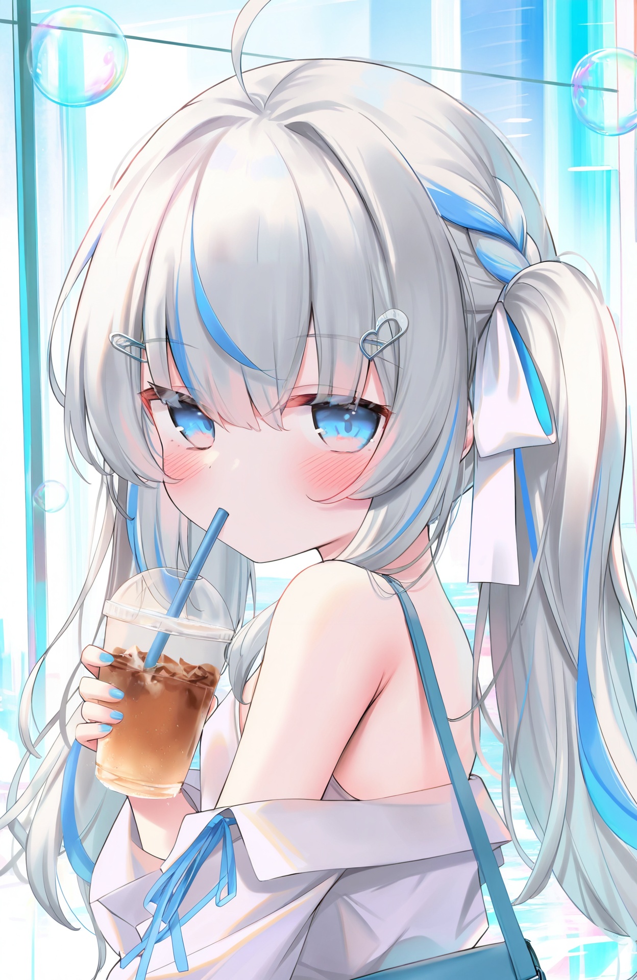 masterpiece,absurdres,best quality,petite,high quality,chromatic_aberration,//,1girl,solo,long hair,looking at viewer,blush,bangs,blue eyes,shirt,hair ornament,bow,ribbon,holding,hair between eyes,bare shoulders,twintails,blue hair,white shirt,upper body,braid,ahoge,hair bow,grey hair,multicolored hair,hairclip,looking back,off shoulder,bag,nail polish,two-tone hair,cup,streaked hair,white bow,holding cup,blue nails,bubble,drinking straw,shoulder bag,off-shoulder shirt,drinking,disposable cup,<lora:鬼针草2——【CKXL】hans:0.9>,
