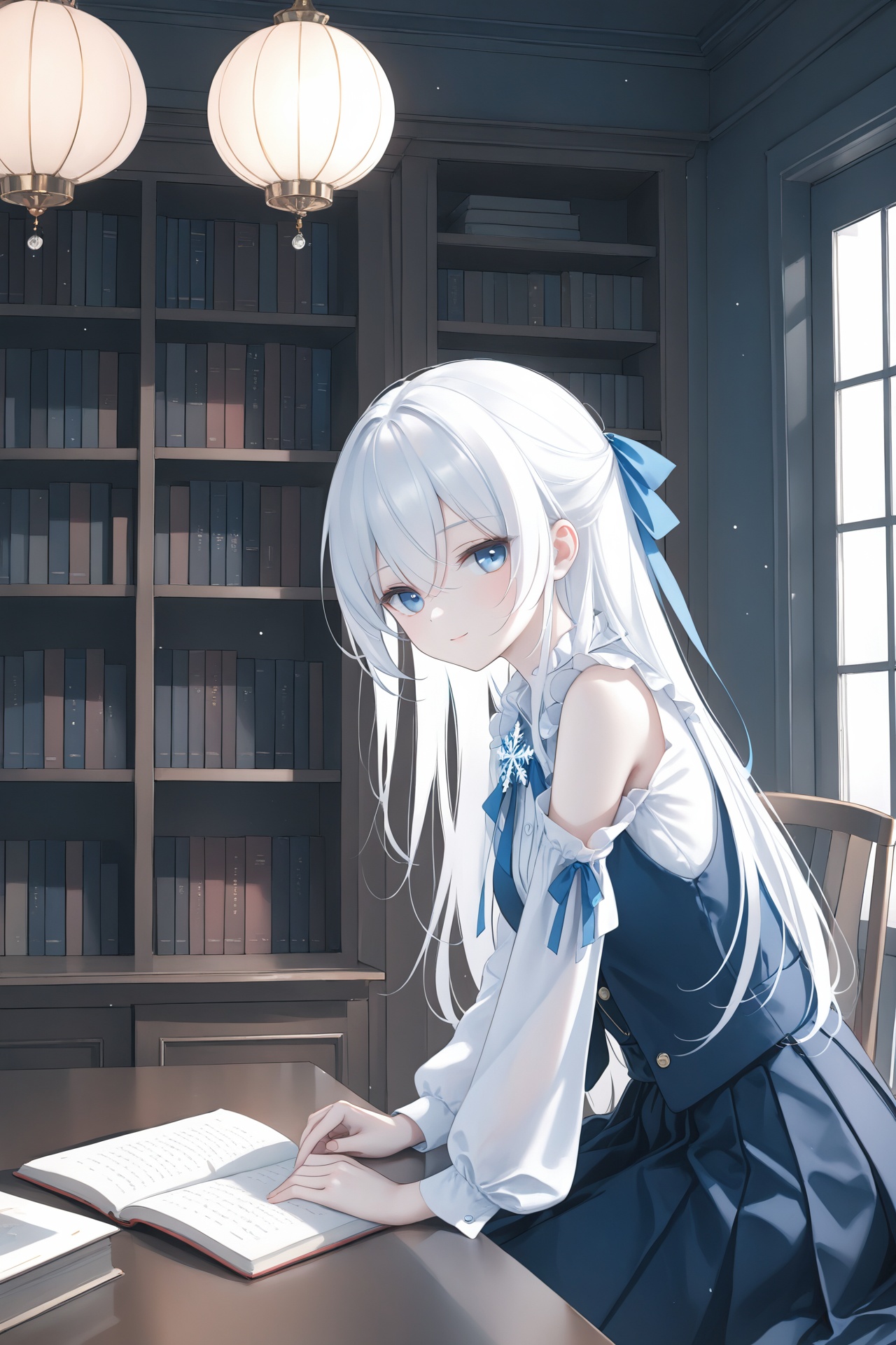 1girl,solo,blue eyes,white hair,(long hair),hair between eyes,medium breasts,white_shirt,frilled collar,pleated skirt,long sleeves,brooch,snowflake hair_ornament,waistcoat,black leggings,(open jacket),shoulder cutout,hair ribbon,sitting,looking at viewer,(jitome),half-closed eyes,[light_smile],depth of field,indoors,bookshelf,bookcase,counter,(french window),pendant lamp,open book,sunlight,light particles,masterpiece,bestquality,[Artist miwano rag],[Artist toosaka asagi],[Artist wlop],[Artist chen bin],[iumu],omochi_monaka,