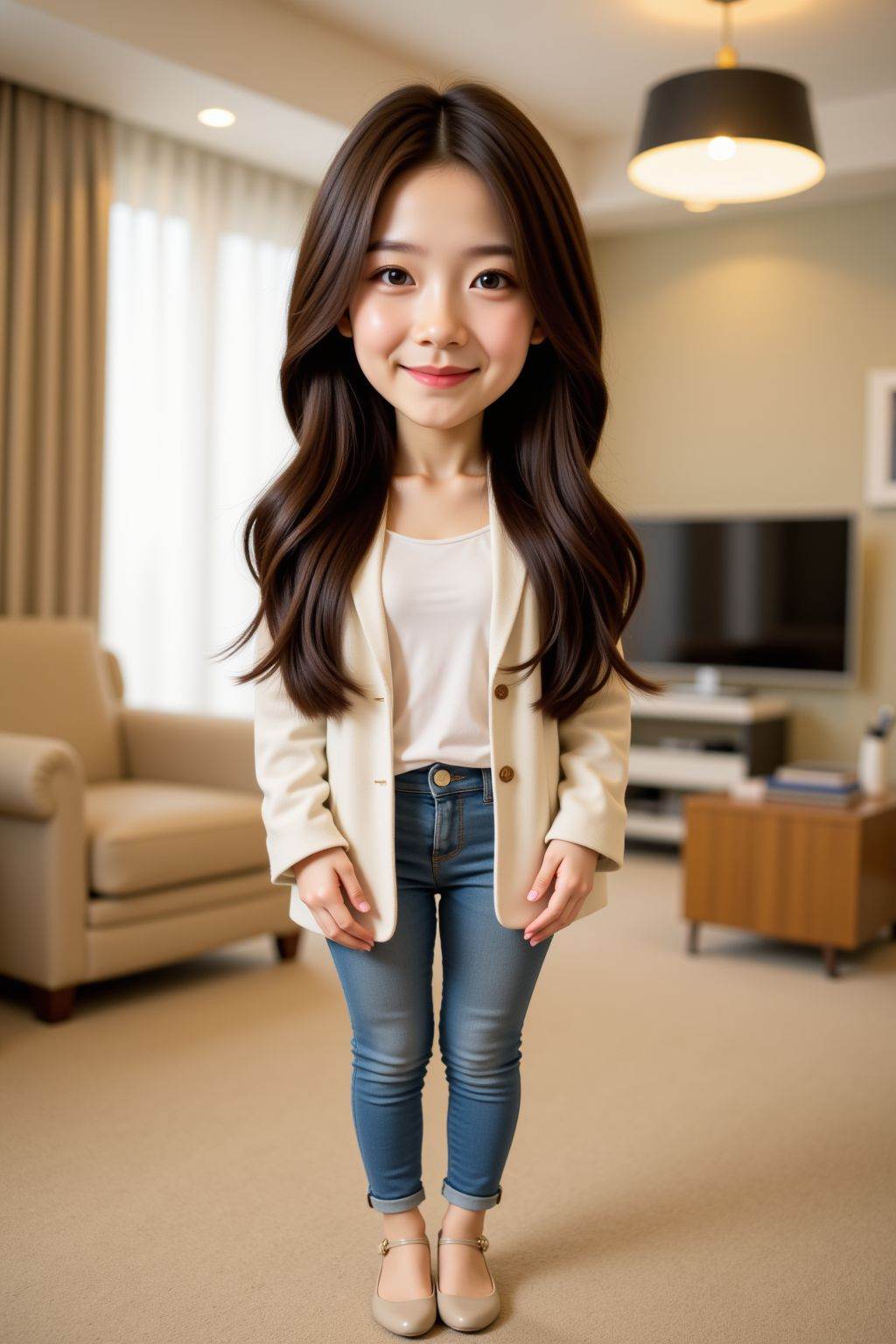 <lora:20250503_AgainCharactersF1Lora:1>, The image is a high-resolution photograph featuring a woman,solo,looking at viewer,long hair,standing,full body,clothes,indoors,realistic,chibi,